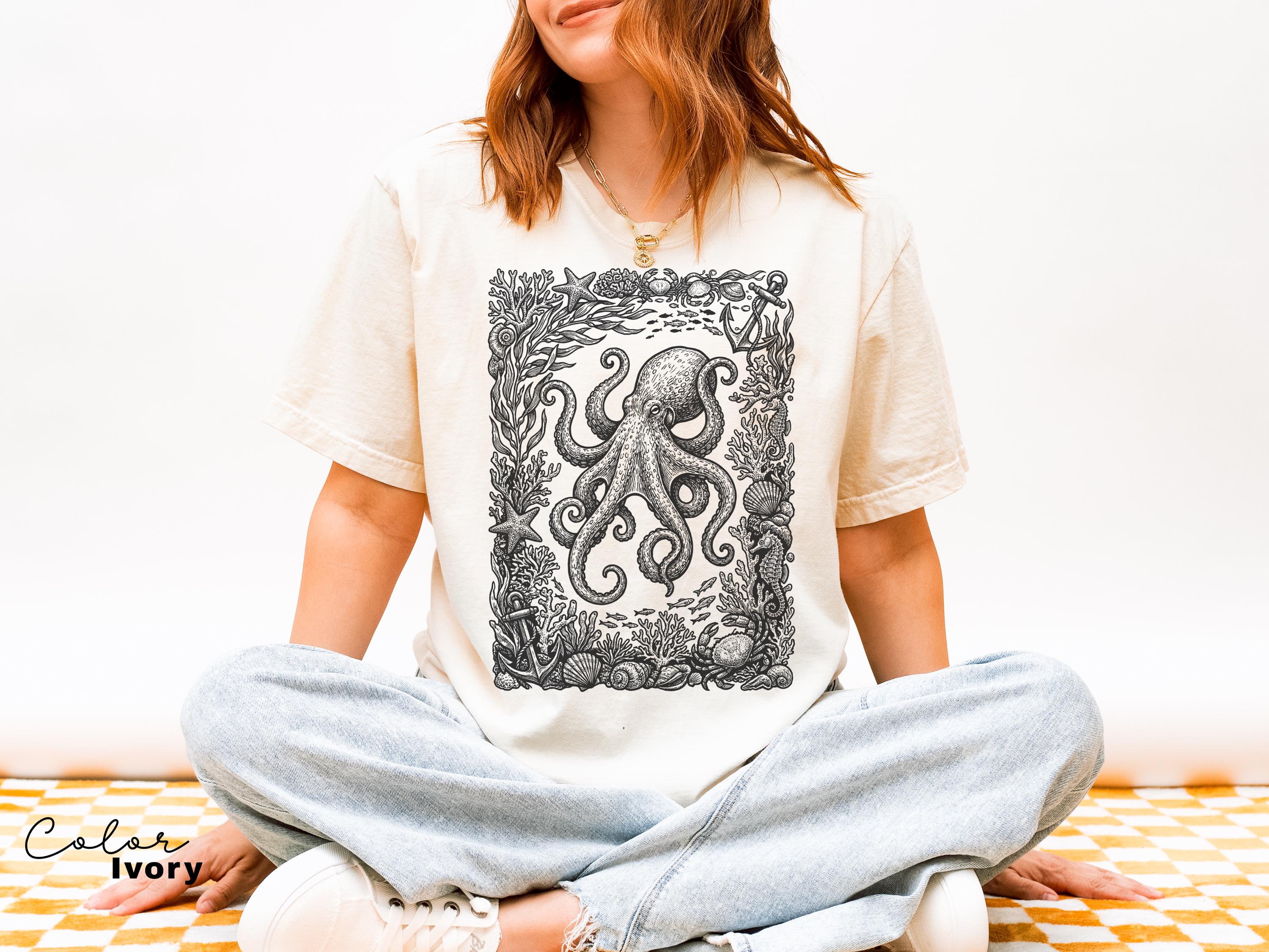 Octopus Nautical Vintage Retro Shirt, Cottagecore Sweatshirt, Ocean Animal TShirt, Beach Ocean Shirt, Comfort Colors Tee