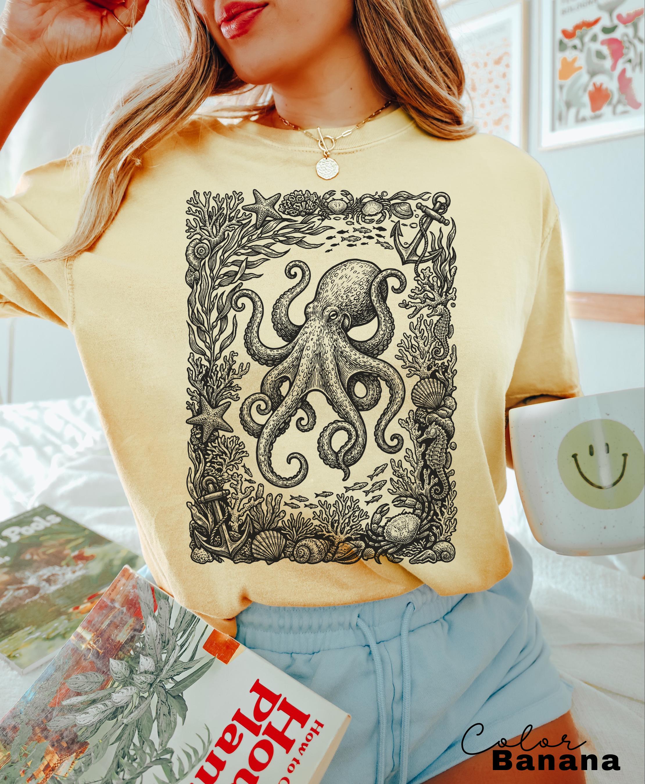 Octopus Nautical Vintage Retro Shirt, Cottagecore Sweatshirt, Ocean Animal TShirt, Beach Ocean Shirt, Comfort Colors Tee