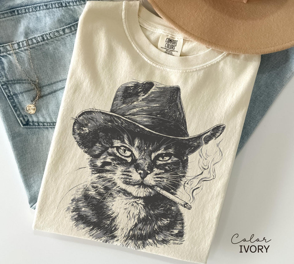 Cowboy Cat with Cigarette Shirt, Funny Cat Sweatshirt, Cat Smoking T-Shirt, Retro Cowboy, Cat Lover Gift, Country Cowgirl Tee, Western