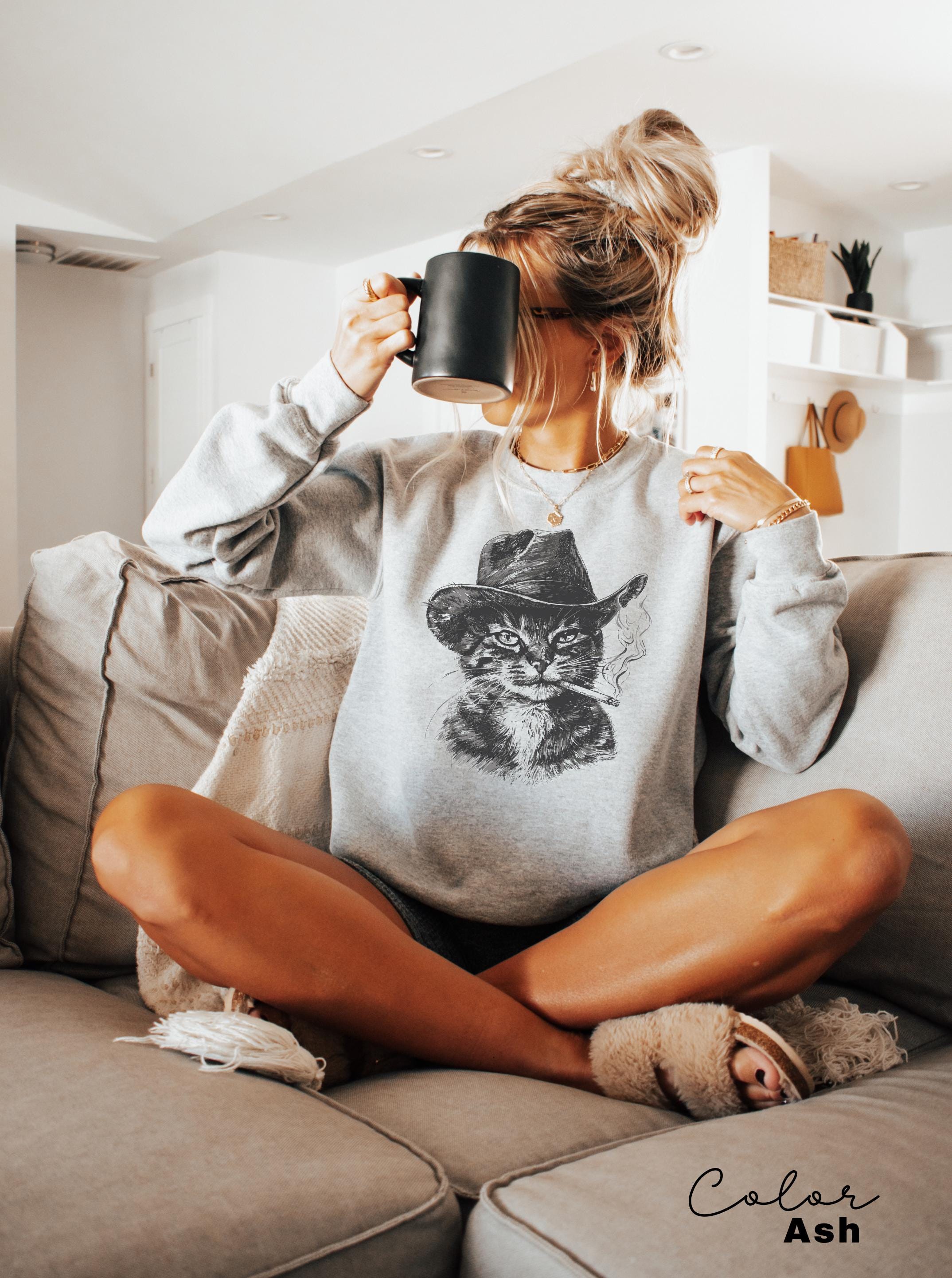 Cowboy Cat with Cigarette Shirt, Funny Cat Sweatshirt, Cat Smoking T-Shirt, Retro Cowboy, Cat Lover Gift, Country Cowgirl Tee, Western