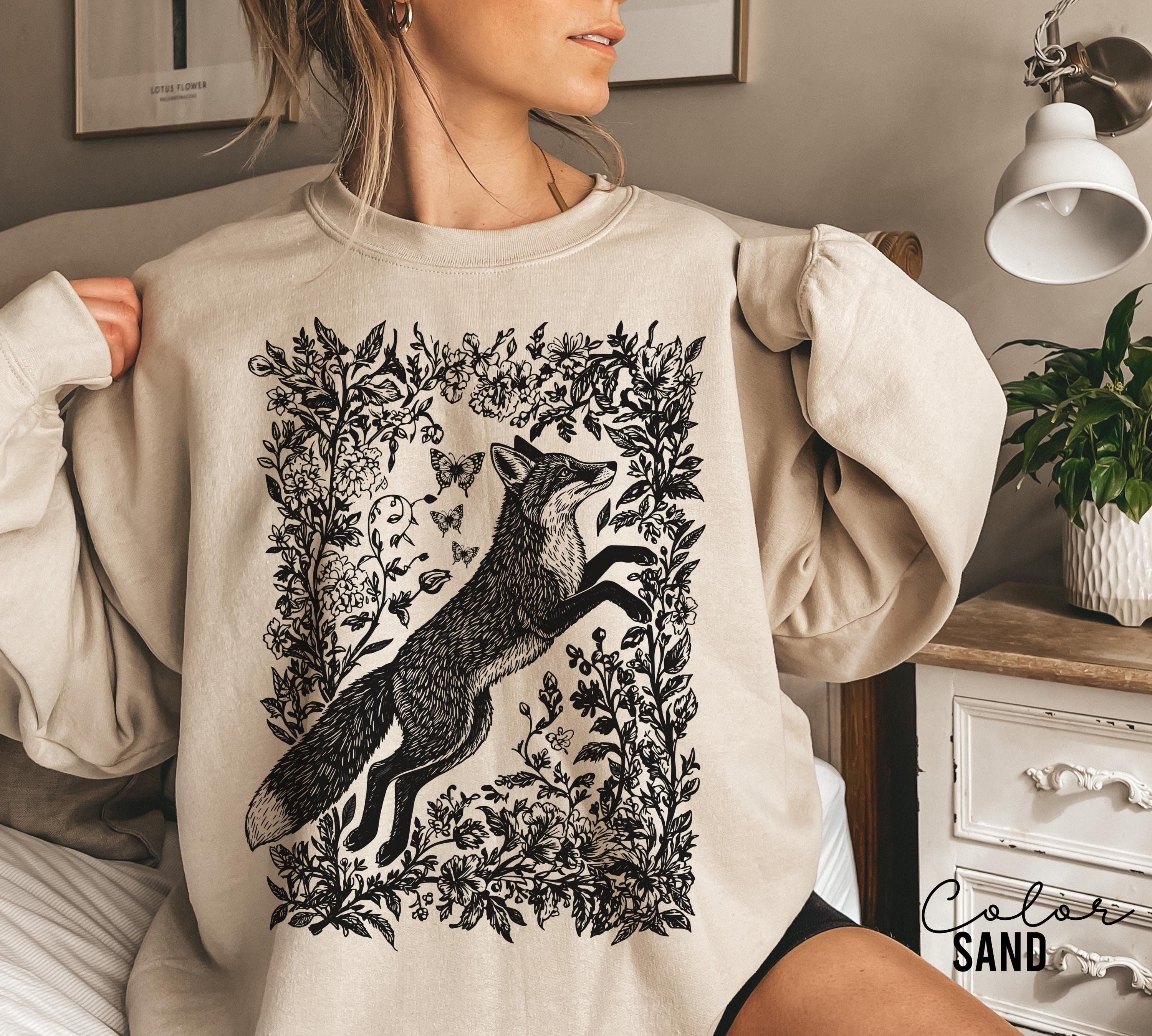 Cottagecore Fox Shirt, Wildflower Fox Sweatshirt, Folk Art Forest Animal TShirt, Woodland Aesthetic Top, Comfort Colors Tee, Boho Crewneck