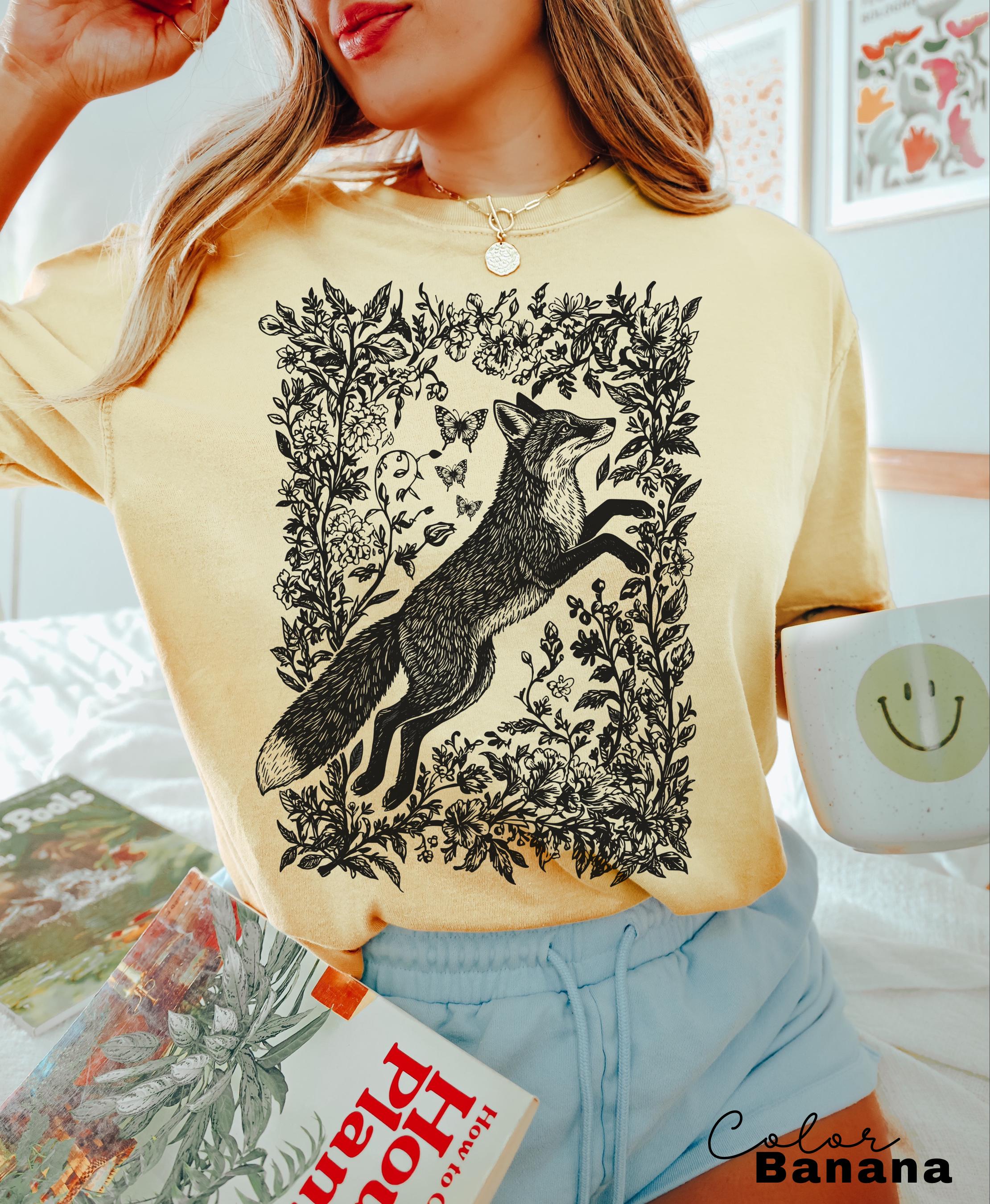 Cottagecore Fox Shirt, Wildflower Fox Sweatshirt, Folk Art Forest Animal TShirt, Woodland Aesthetic Top, Comfort Colors Tee, Boho Crewneck