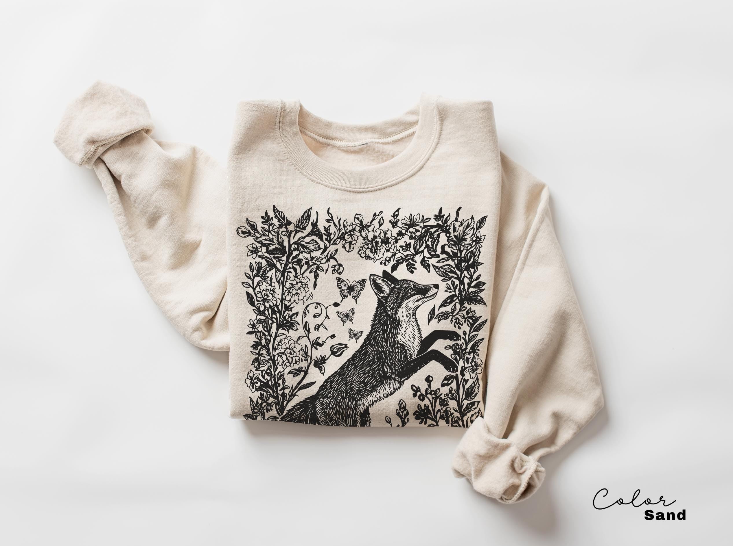 Cottagecore Fox Shirt, Wildflower Fox Sweatshirt, Folk Art Forest Animal TShirt, Woodland Aesthetic Top, Comfort Colors Tee, Boho Crewneck