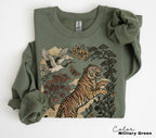 Retro Tiger T-Shirt, Animal Gift for Tiger Lover, Wild Cat Sweatshirt, Linocut Style, Boho, Cottagecore