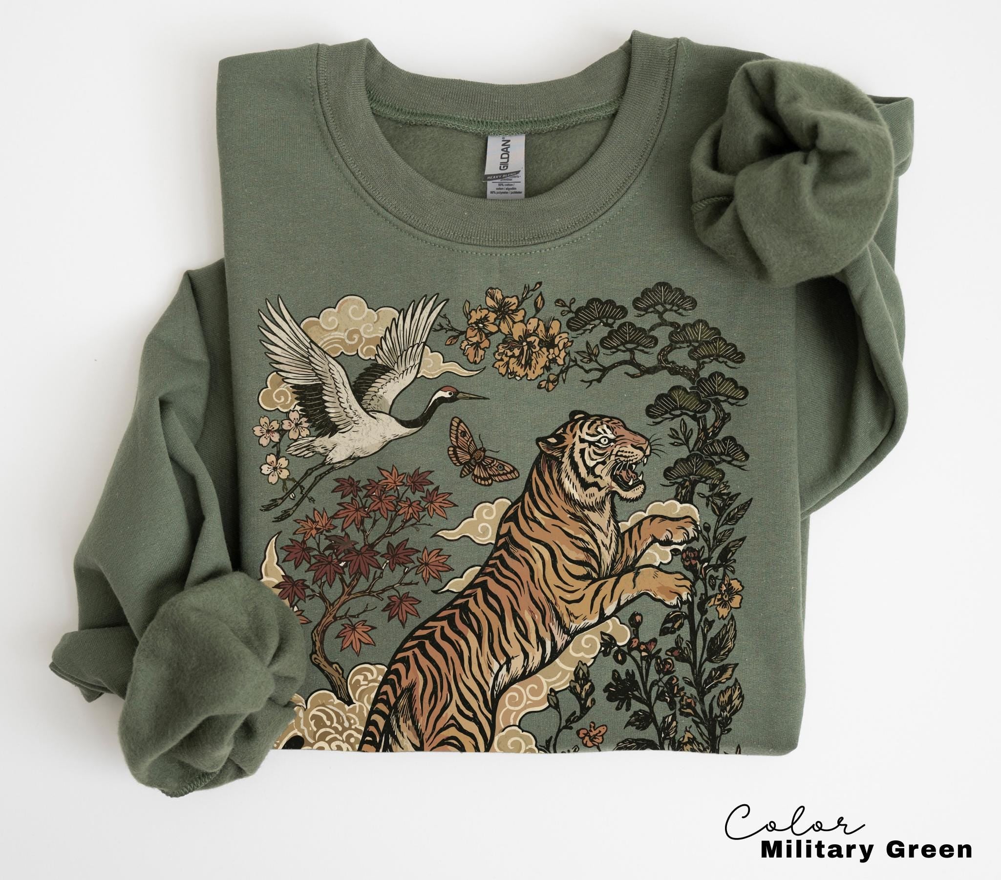 Retro Tiger T-Shirt, Animal Gift for Tiger Lover, Wild Cat Sweatshirt, Linocut Style, Boho, Cottagecore