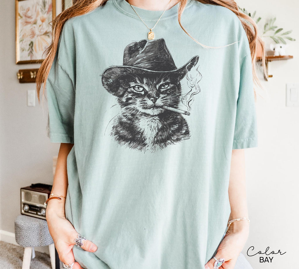 Cowboy Cat with Cigarette Shirt, Funny Cat Sweatshirt, Cat Smoking T-Shirt, Retro Cowboy, Cat Lover Gift, Country Cowgirl Tee, Western
