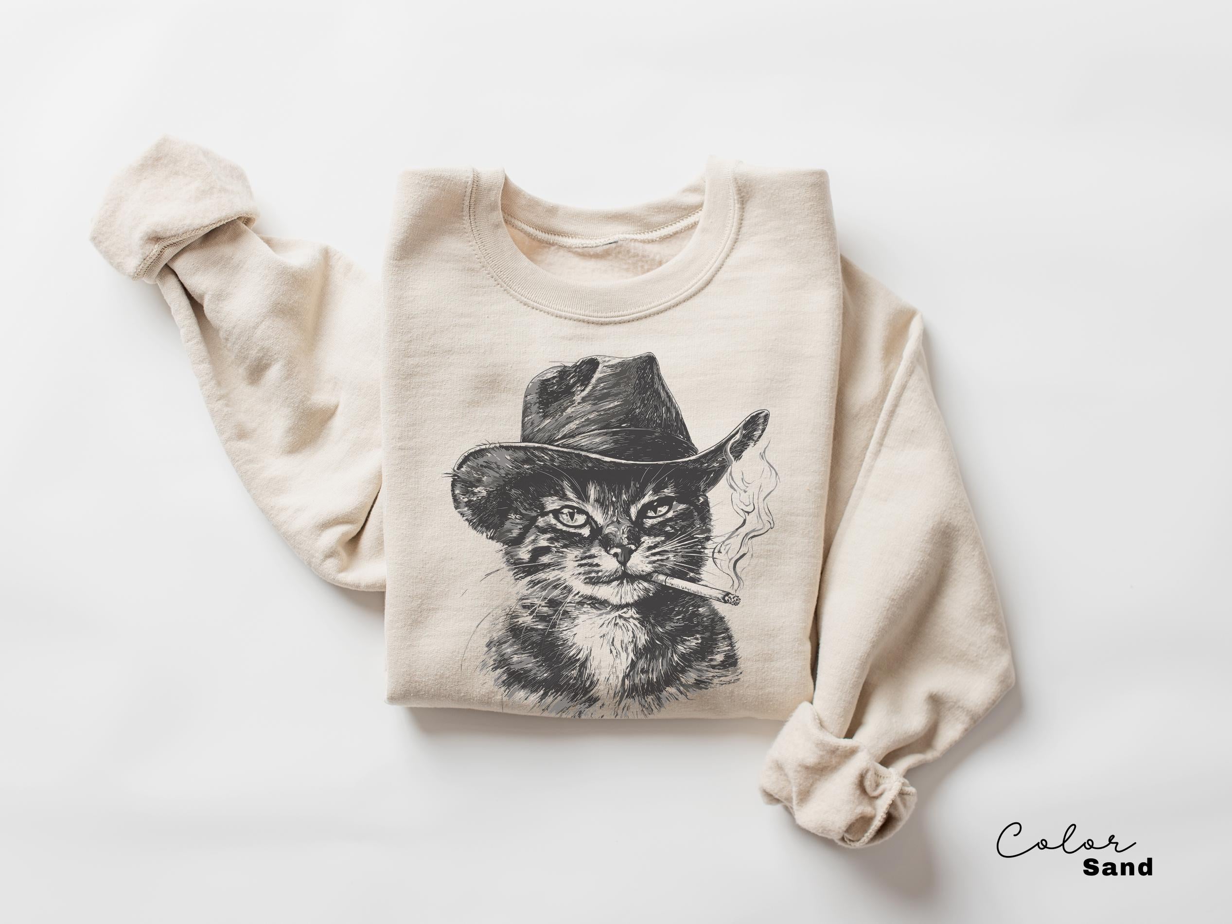 Cowboy Cat with Cigarette Shirt, Funny Cat Sweatshirt, Cat Smoking T-Shirt, Retro Cowboy, Cat Lover Gift, Country Cowgirl Tee, Western
