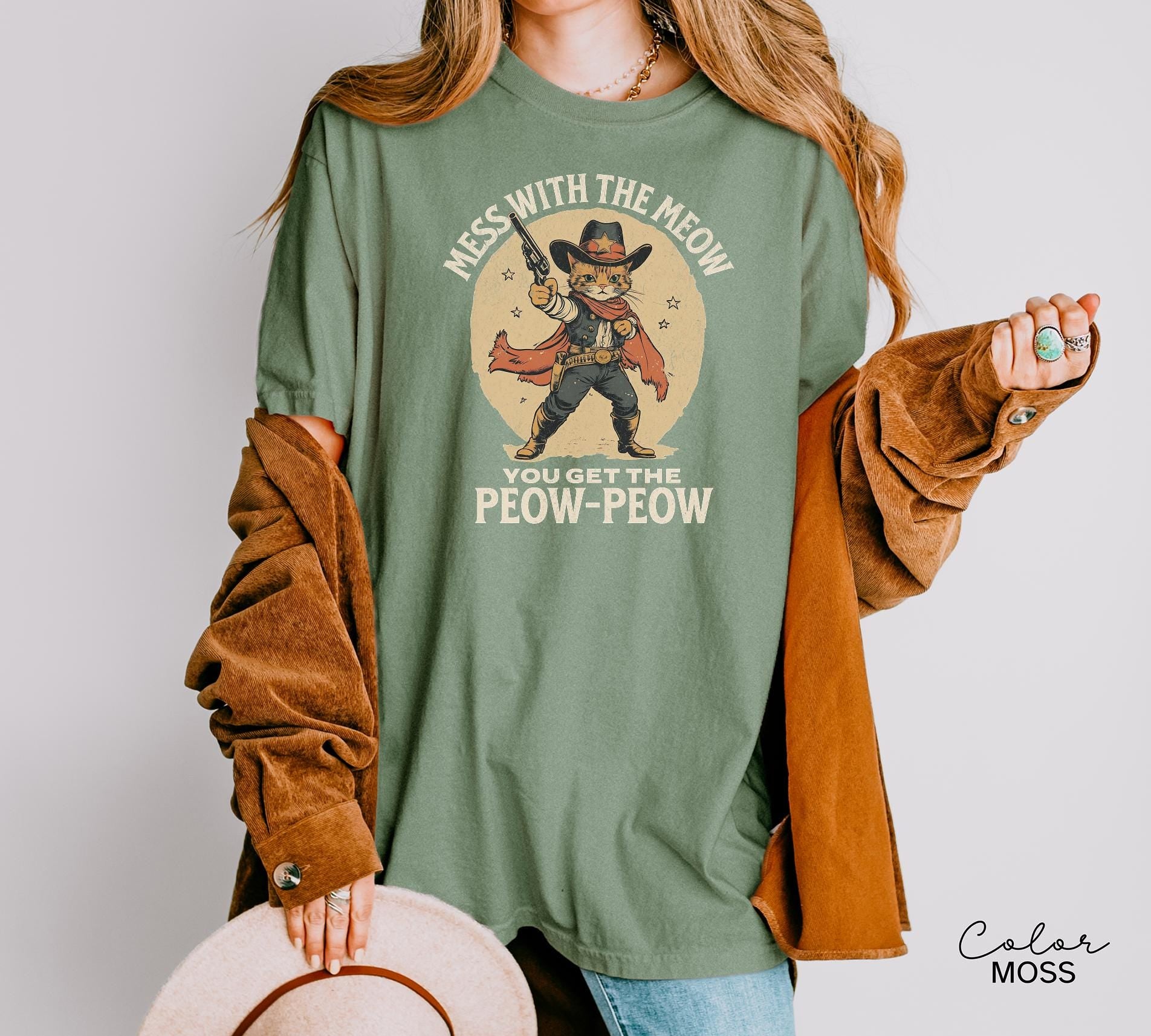 Funny Western Cat Shirt, Mess with the Meow Retro Tee