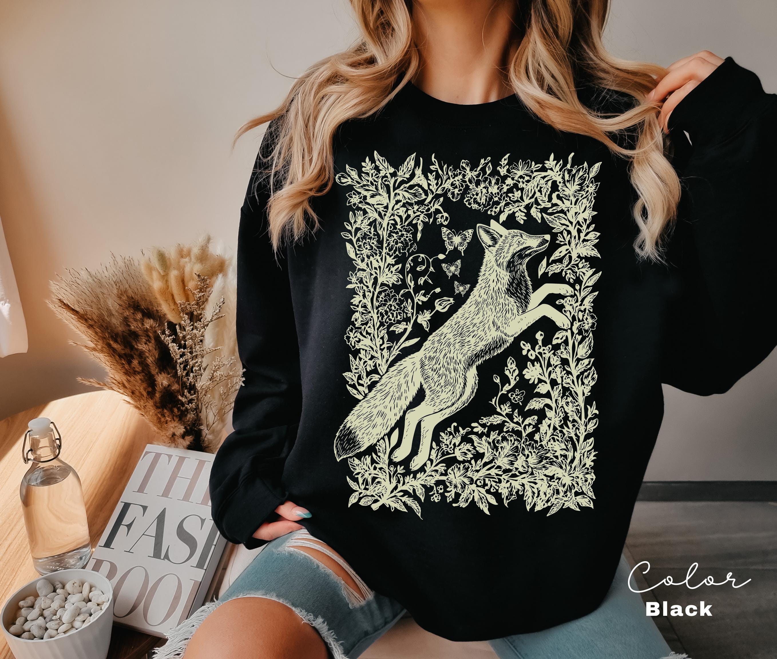 Cottagecore Fox Shirt, Wildflower Fox Sweatshirt, Folk Art Forest Animal TShirt, Woodland Aesthetic Top, Comfort Colors Tee, Boho Crewneck