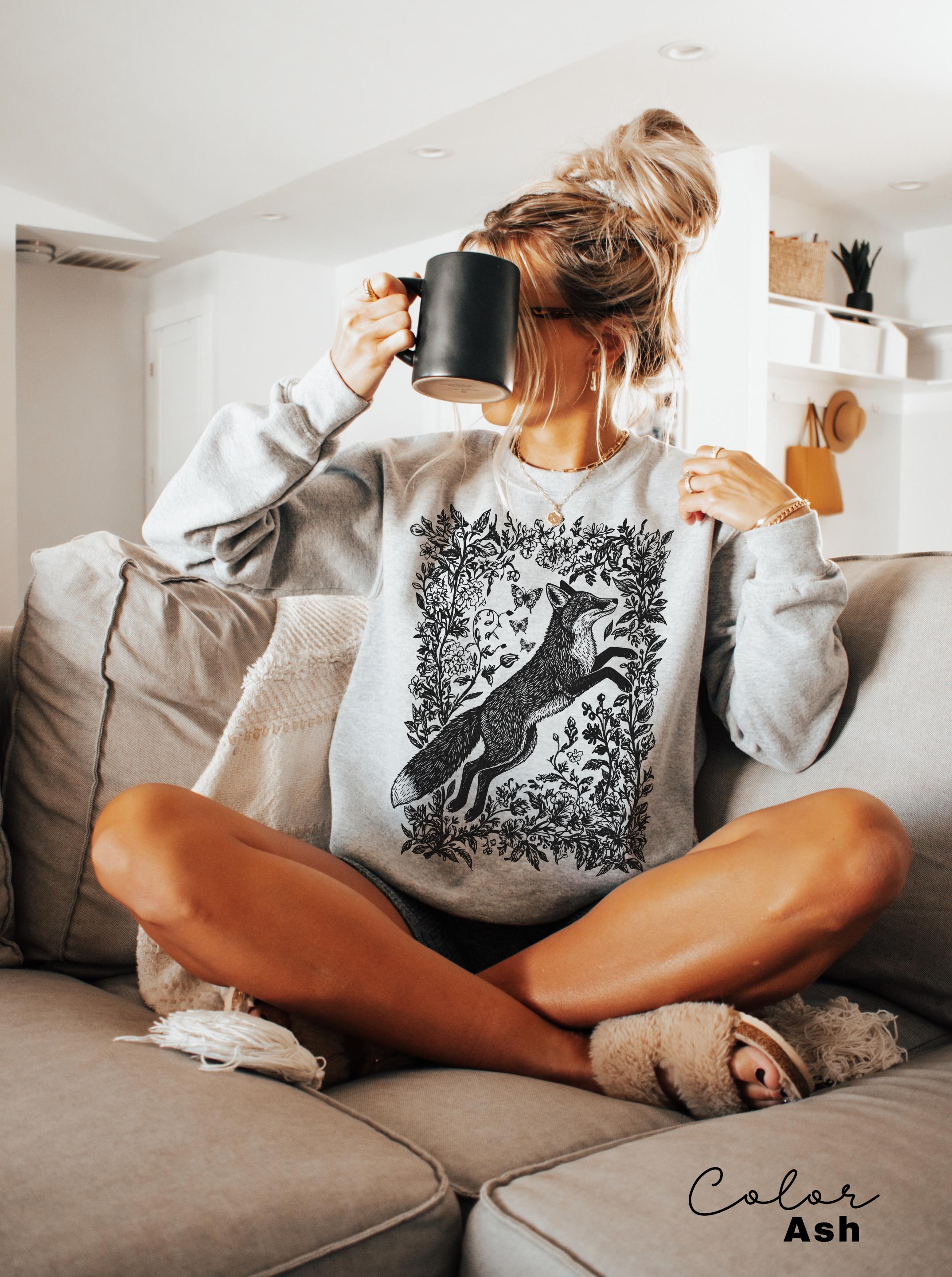 Cottagecore Fox Shirt, Wildflower Fox Sweatshirt, Folk Art Forest Animal TShirt, Woodland Aesthetic Top, Comfort Colors Tee, Boho Crewneck