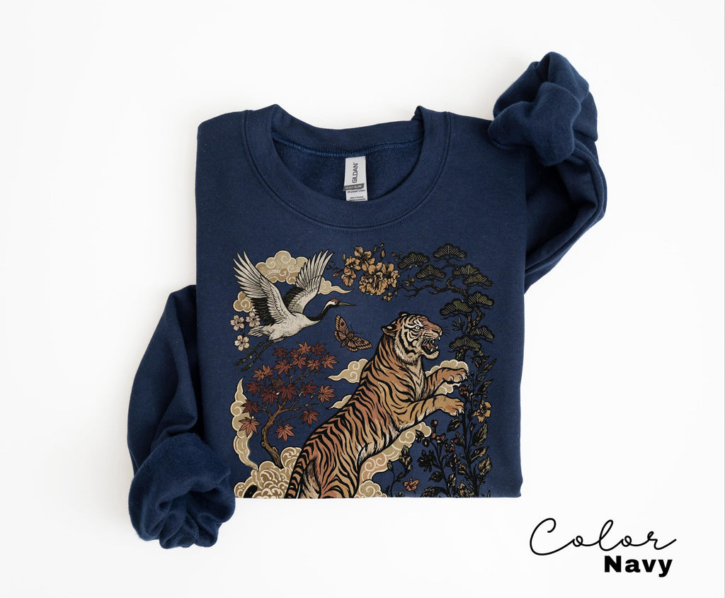 Retro Tiger T-Shirt, Animal Gift for Tiger Lover, Wild Cat Sweatshirt, Linocut Style, Boho, Cottagecore