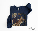 Retro Tiger T-Shirt, Animal Gift for Tiger Lover, Wild Cat Sweatshirt, Linocut Style, Boho, Cottagecore