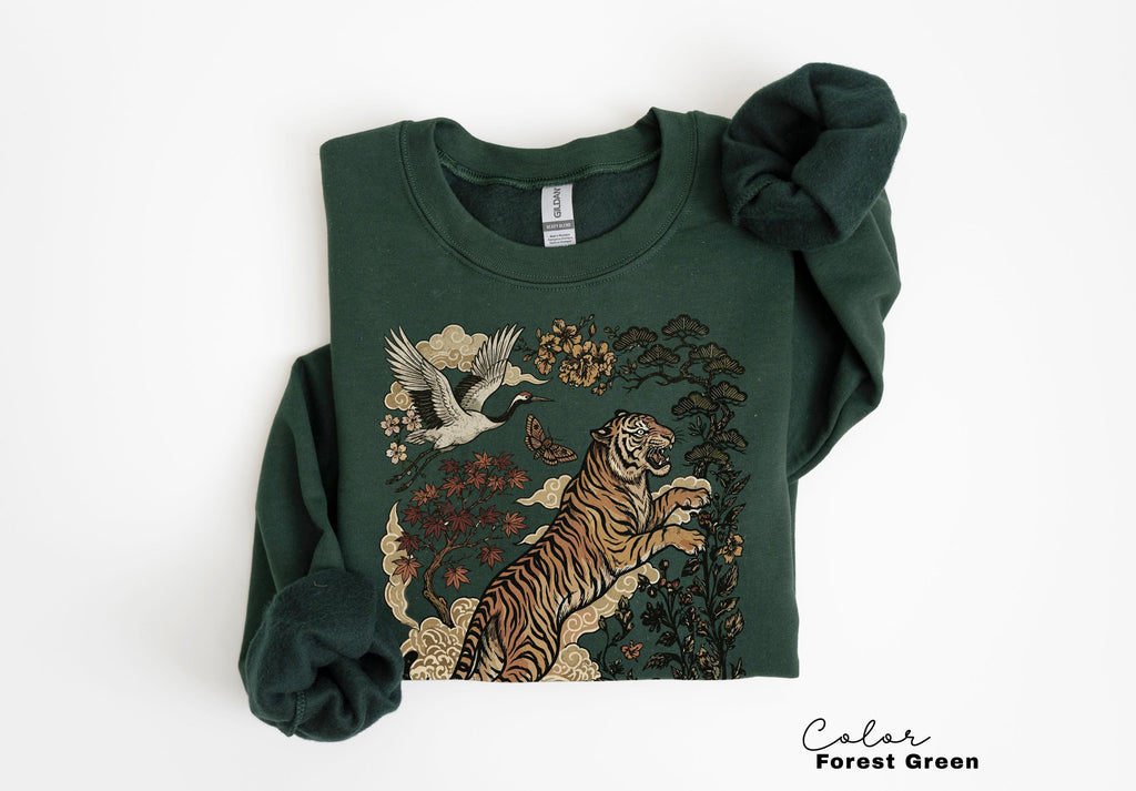 Retro Tiger T-Shirt, Animal Gift for Tiger Lover, Wild Cat Sweatshirt, Linocut Style, Boho, Cottagecore