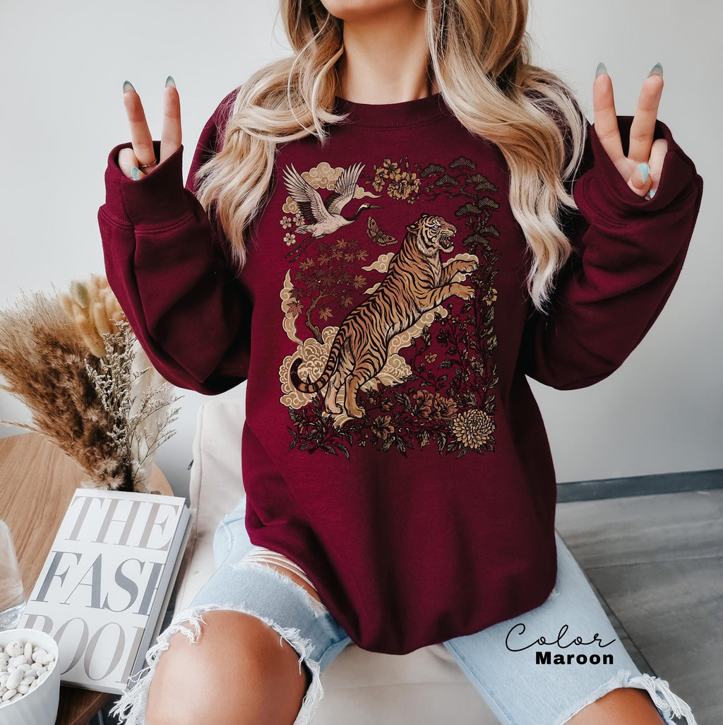Retro Tiger T-Shirt, Animal Gift for Tiger Lover, Wild Cat Sweatshirt, Linocut Style, Boho, Cottagecore