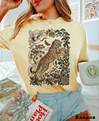 Retro Tiger T-Shirt, Animal Gift for Tiger Lover, Wild Cat Sweatshirt, Linocut Style, Boho, Cottagecore