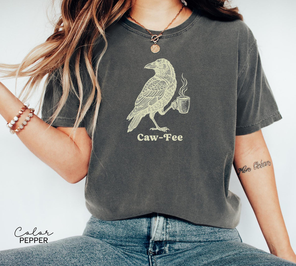 Crow Cawfee Shirt, Boho Cottagecore Black Crow T-Shirt