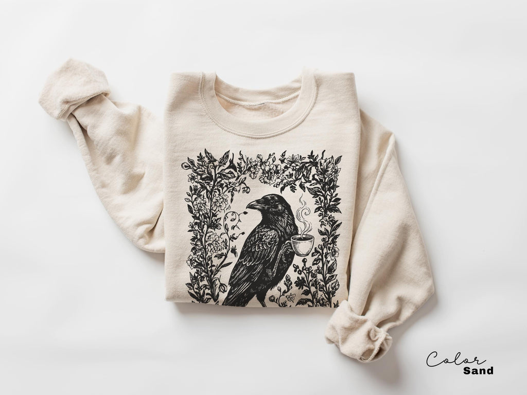 Crow Coffee Shirt, Bird Coffee Lover, Boho Cottagecore, Floral Crow Forest Animal T-Shirt, Coffee Lover Gift, Crewneck