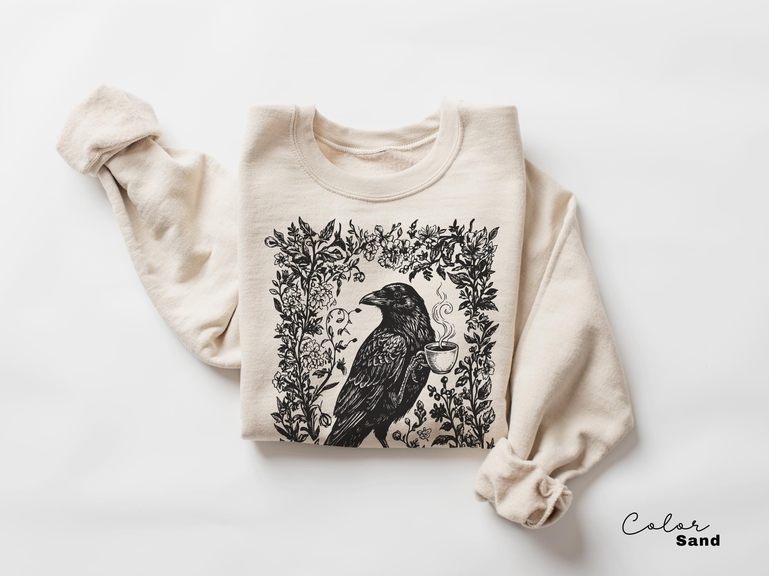 Crow Coffee Shirt, Bird Coffee Lover, Boho Cottagecore, Floral Crow Forest Animal T-Shirt, Coffee Lover Gift, Crewneck