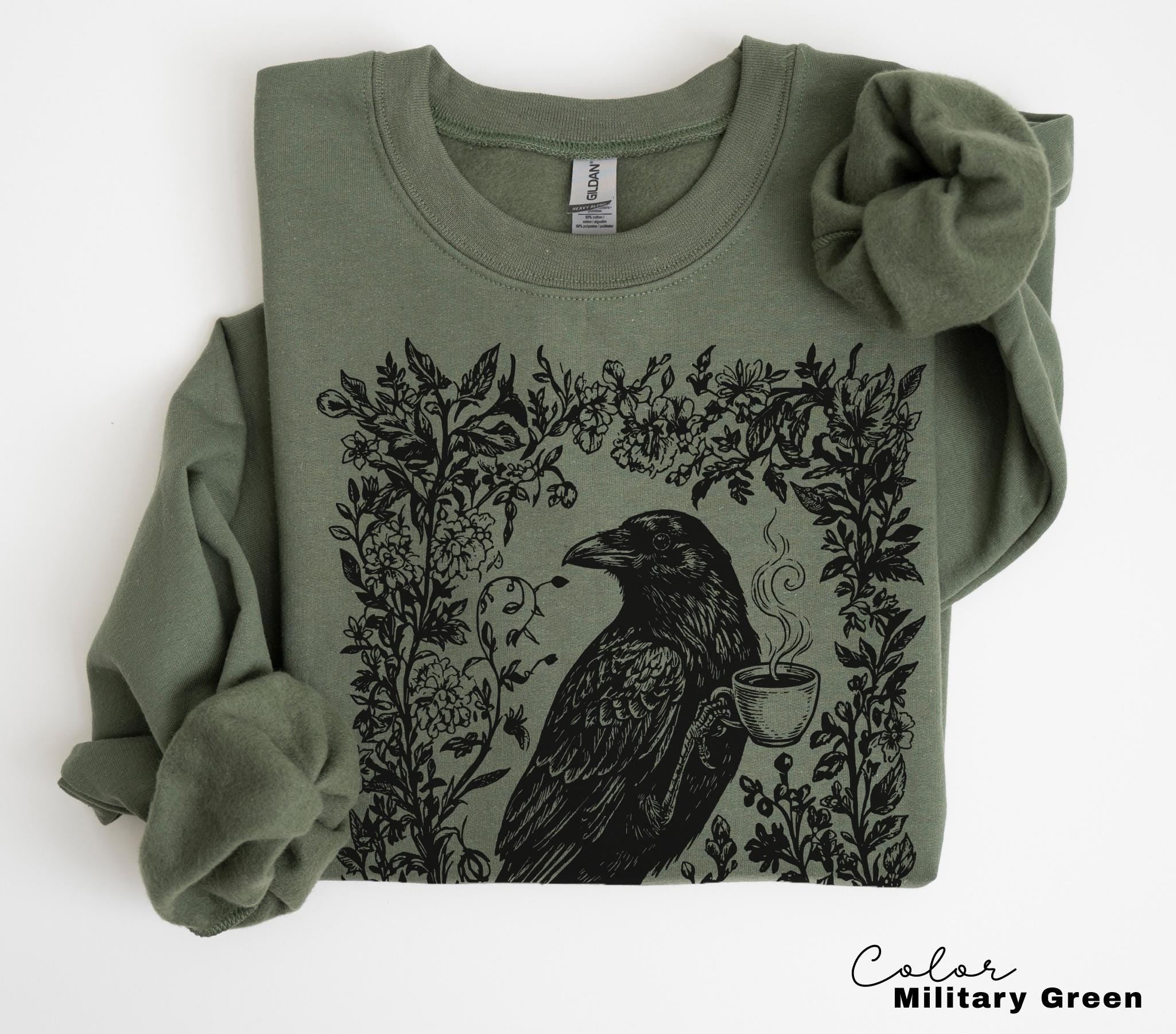 Crow Coffee Shirt, Bird Coffee Lover, Boho Cottagecore, Floral Crow Forest Animal T-Shirt, Coffee Lover Gift, Crewneck