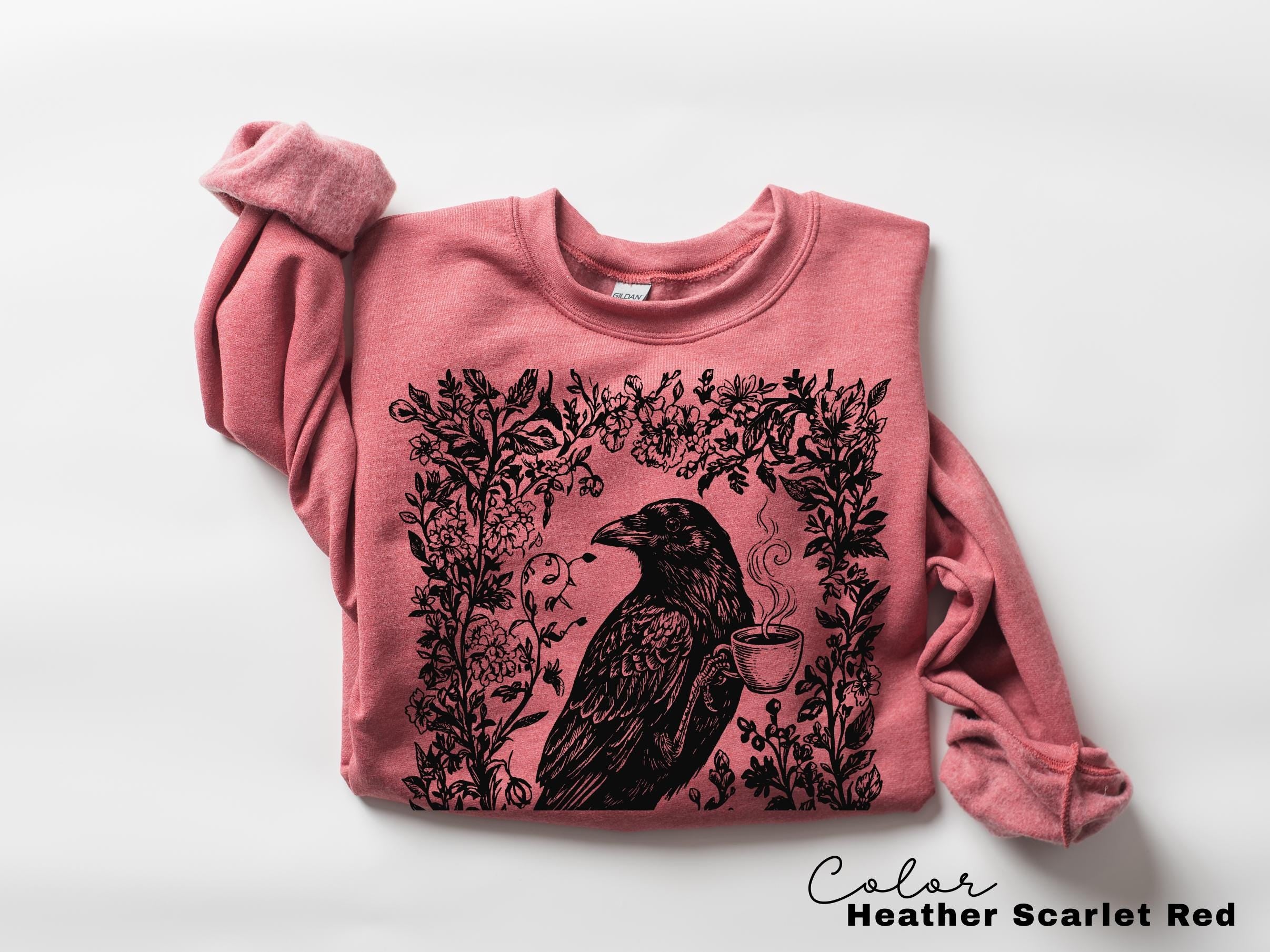 Crow Coffee Shirt, Bird Coffee Lover, Boho Cottagecore, Floral Crow Forest Animal T-Shirt, Coffee Lover Gift, Crewneck