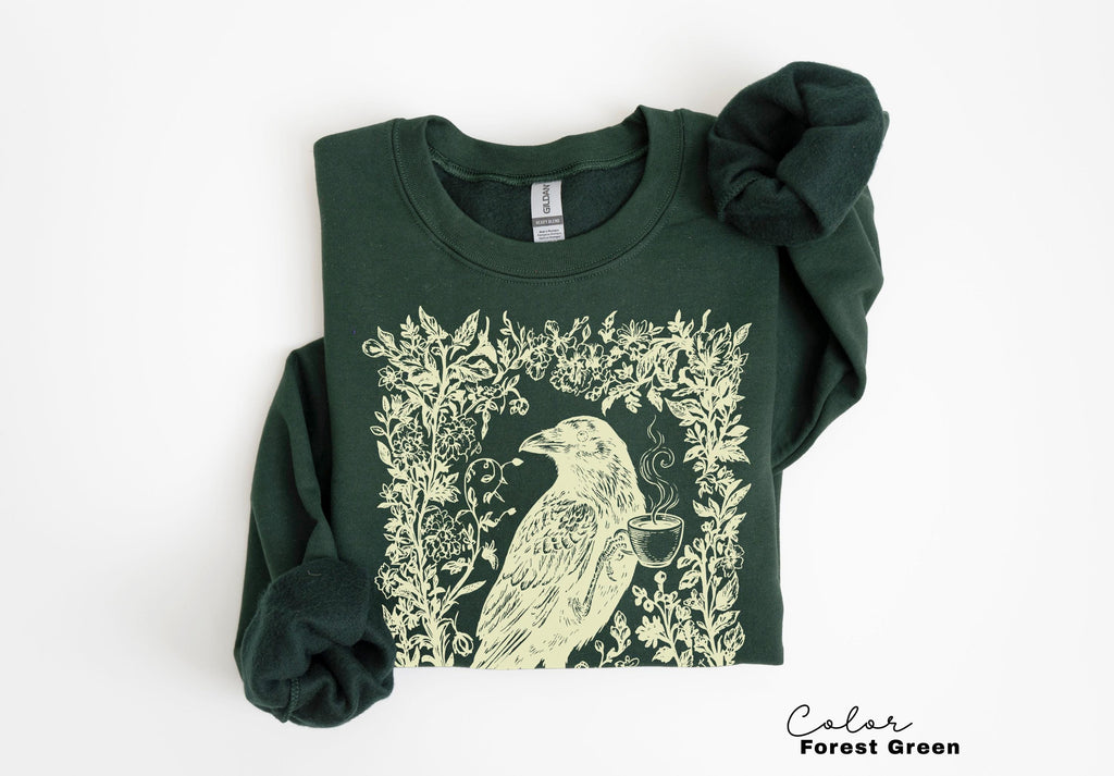 Crow Coffee Shirt, Bird Coffee Lover, Boho Cottagecore, Floral Crow Forest Animal T-Shirt, Coffee Lover Gift, Crewneck