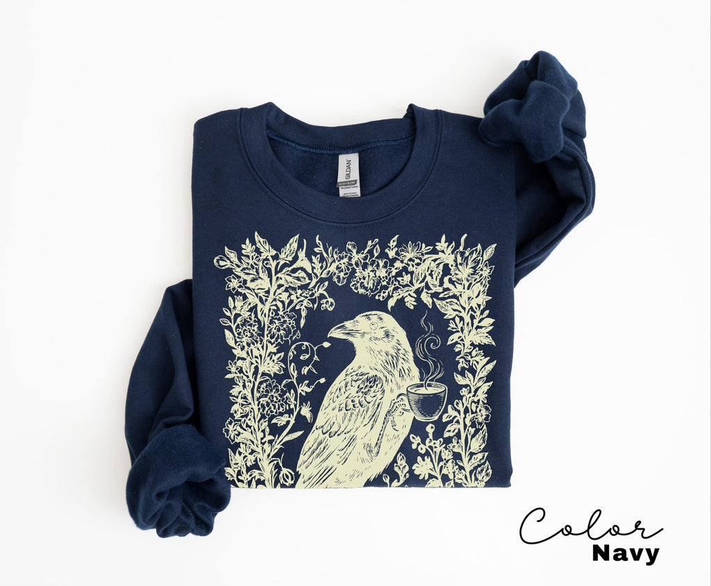 Crow Coffee Shirt, Bird Coffee Lover Floral Crewneck Tee