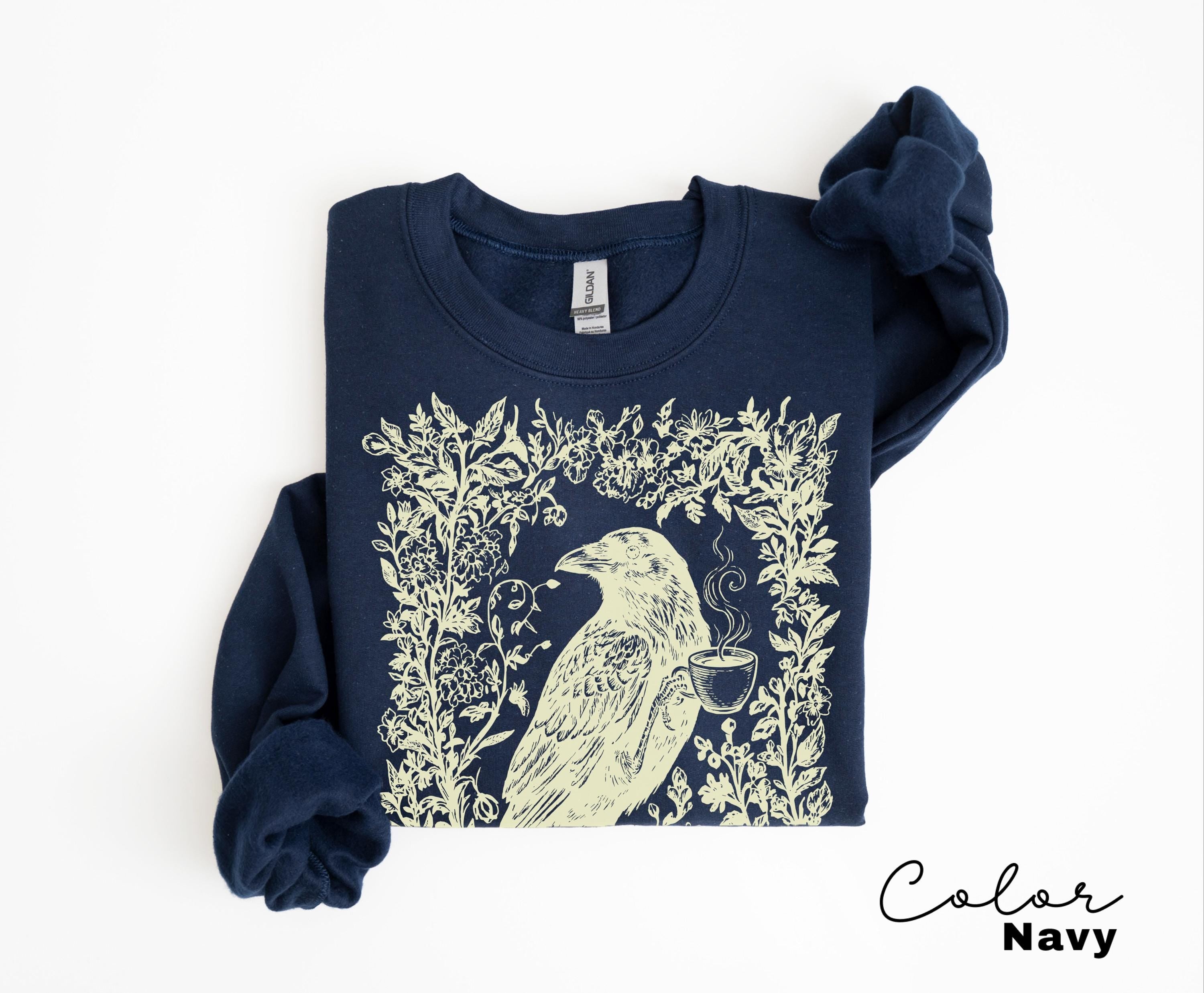 Crow Coffee Shirt, Bird Coffee Lover Floral Crewneck Tee