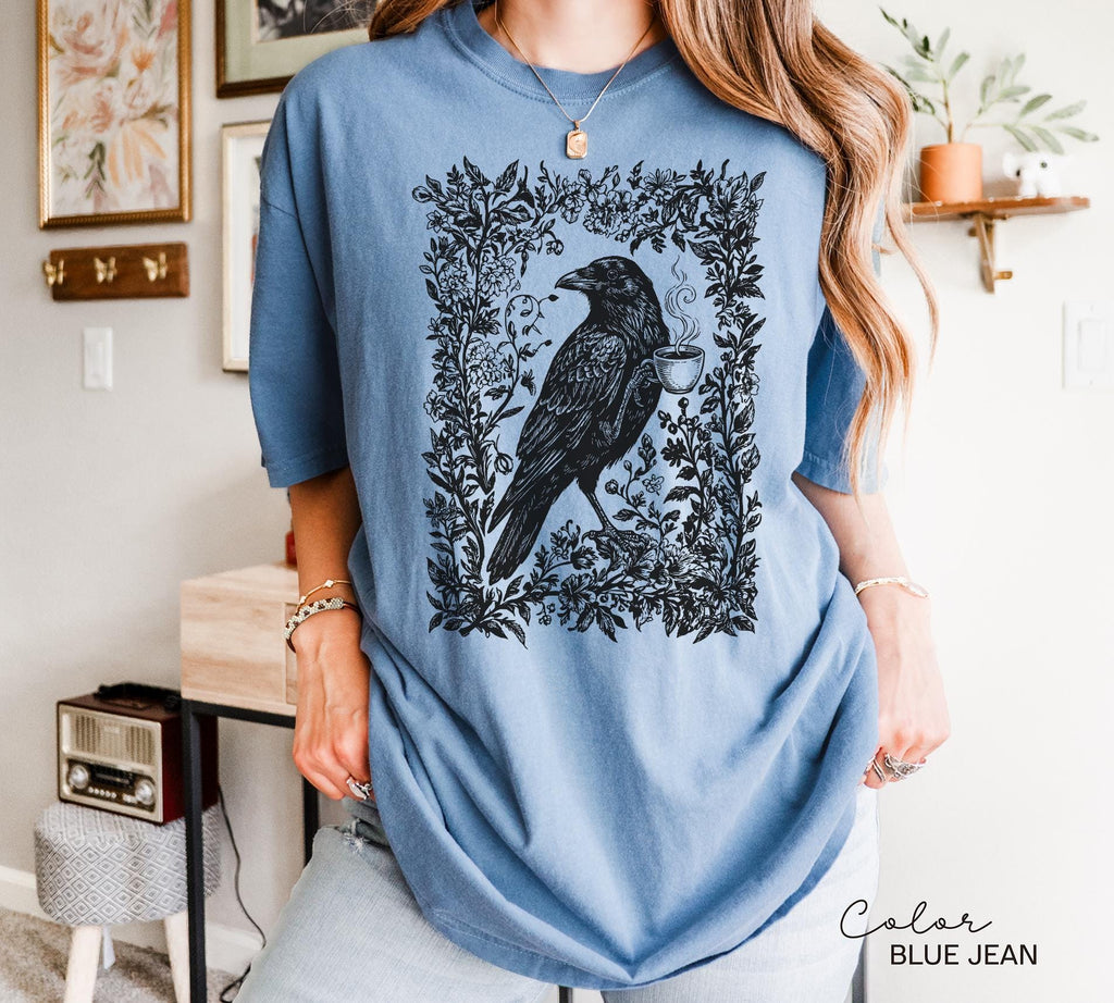 Crow Coffee Shirt, Bird Coffee Lover, Boho Cottagecore, Floral Crow Forest Animal T-Shirt, Coffee Lover Gift, Crewneck