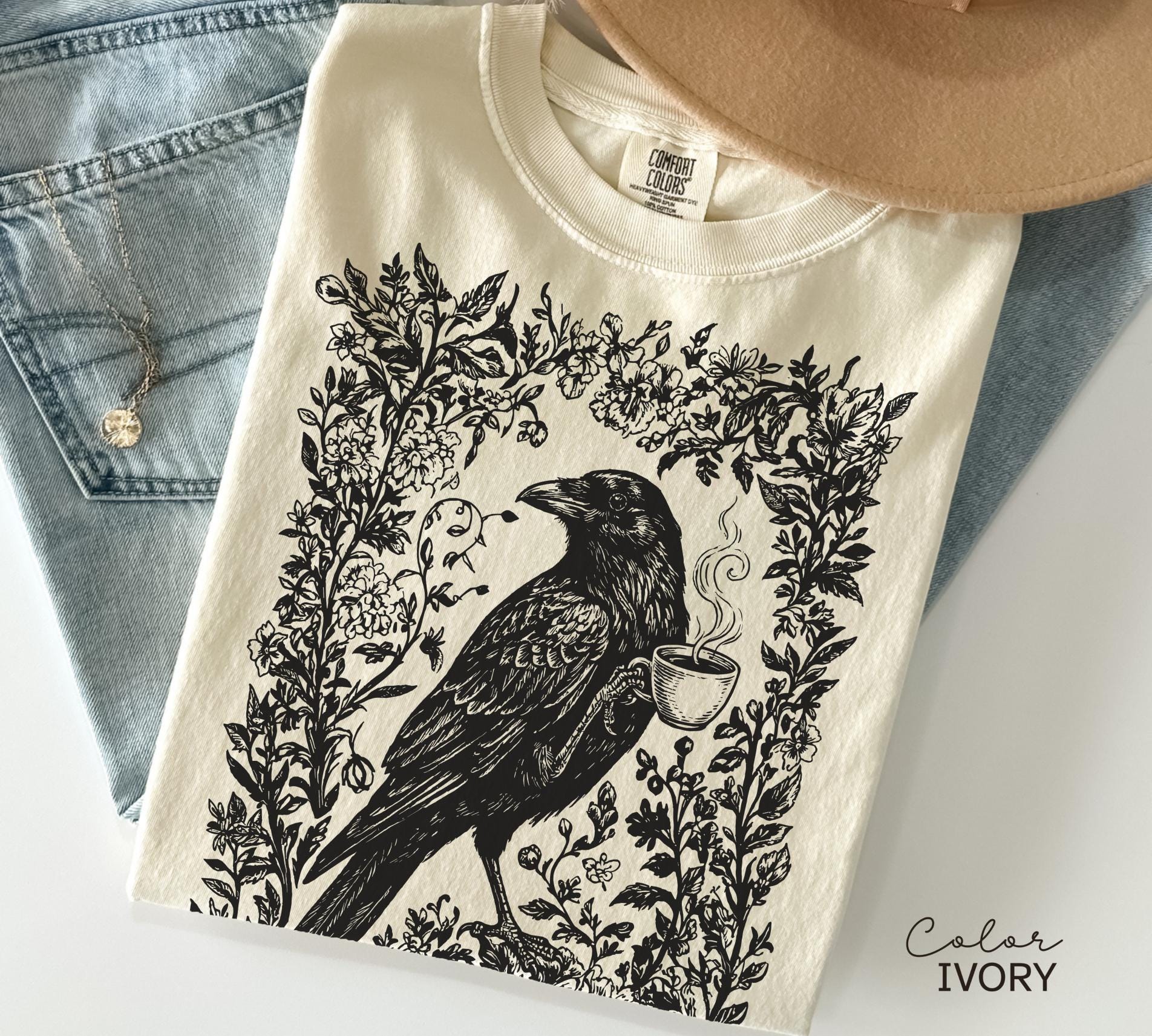 Crow Coffee Shirt, Bird Coffee Lover, Boho Cottagecore, Floral Crow Forest Animal T-Shirt, Coffee Lover Gift, Crewneck