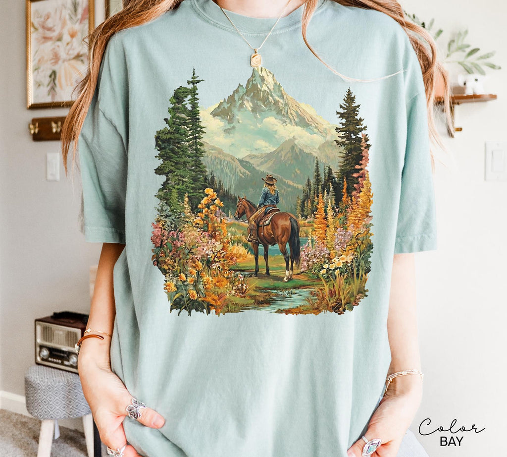 Mountain Nature Cowgirl Shirt, Hiking Sweatshirt Crewneck, Nature Lover T-shirt, Spring Floral Flower Shirt, Horse Tee