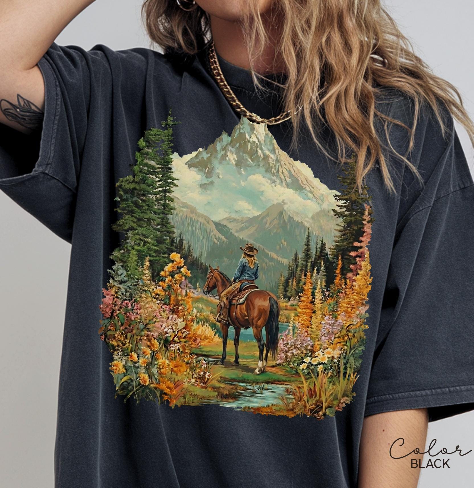 Mountain Nature Cowgirl Shirt, Hiking Sweatshirt Crewneck, Nature Lover T-shirt, Spring Floral Flower Shirt, Horse Tee