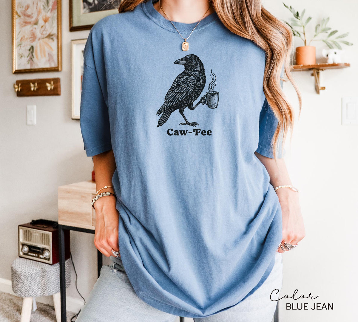 Crow Cawfee Shirt, Boho Cottagecore Black Crow T-Shirt