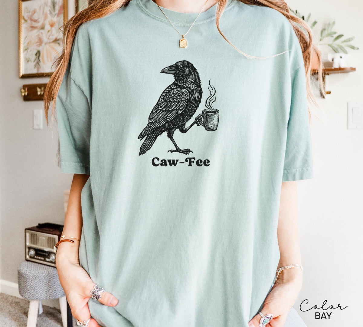 Crow Cawfee Shirt, Boho Cottagecore Black Crow T-Shirt