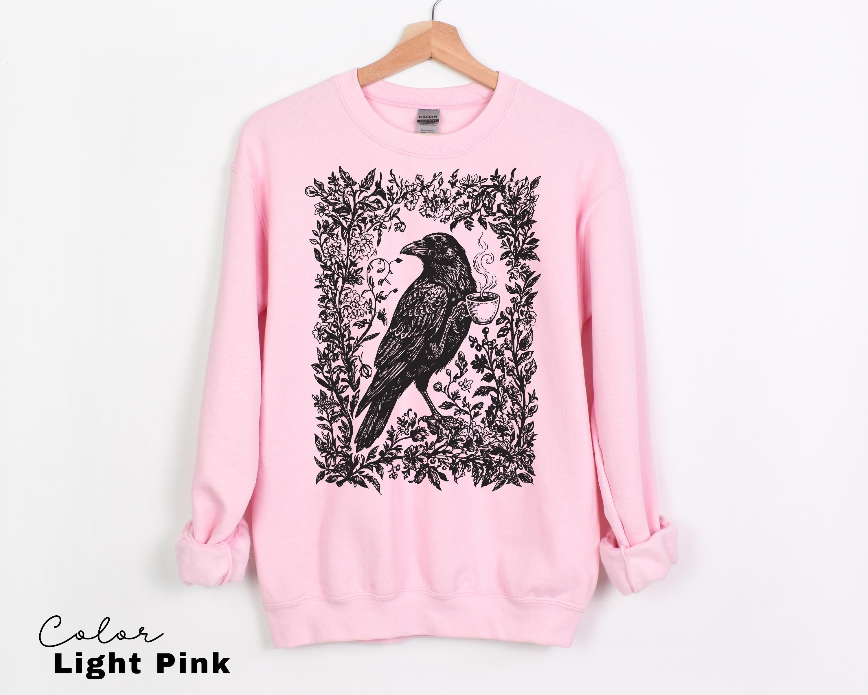 Crow Coffee Shirt, Bird Coffee Lover, Boho Cottagecore, Floral Crow Forest Animal T-Shirt, Coffee Lover Gift, Crewneck