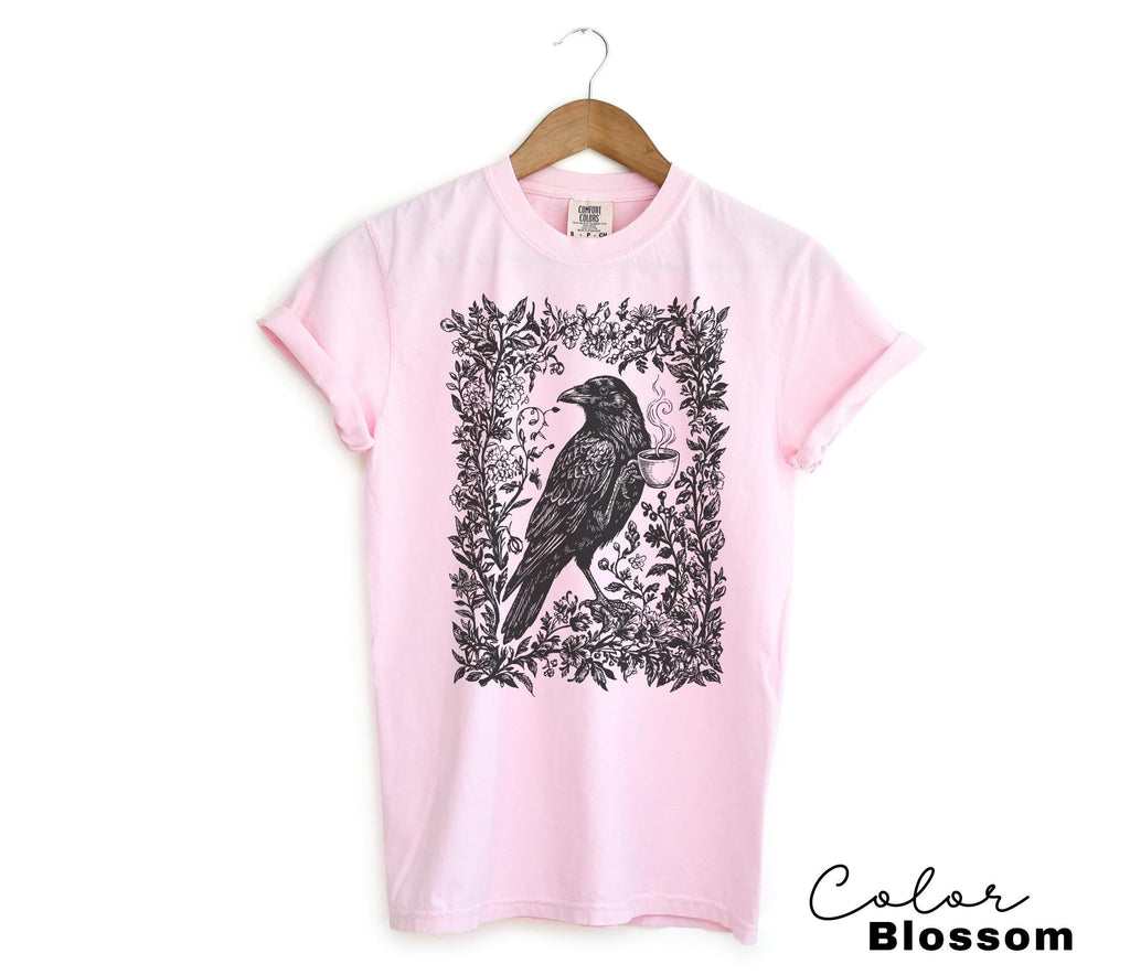 Crow Coffee Shirt, Bird Coffee Lover Floral Crewneck Tee