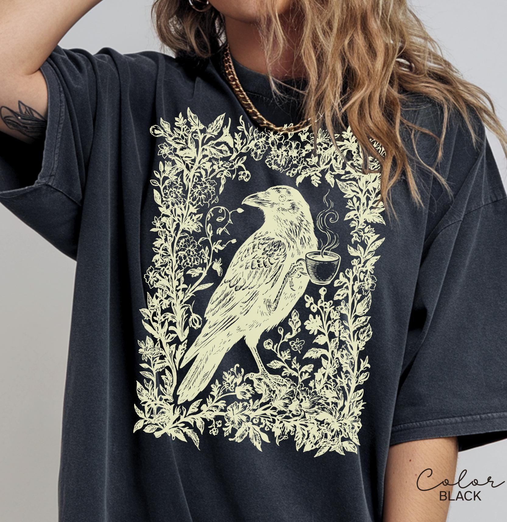 Crow Coffee Shirt, Bird Coffee Lover Floral Crewneck Tee
