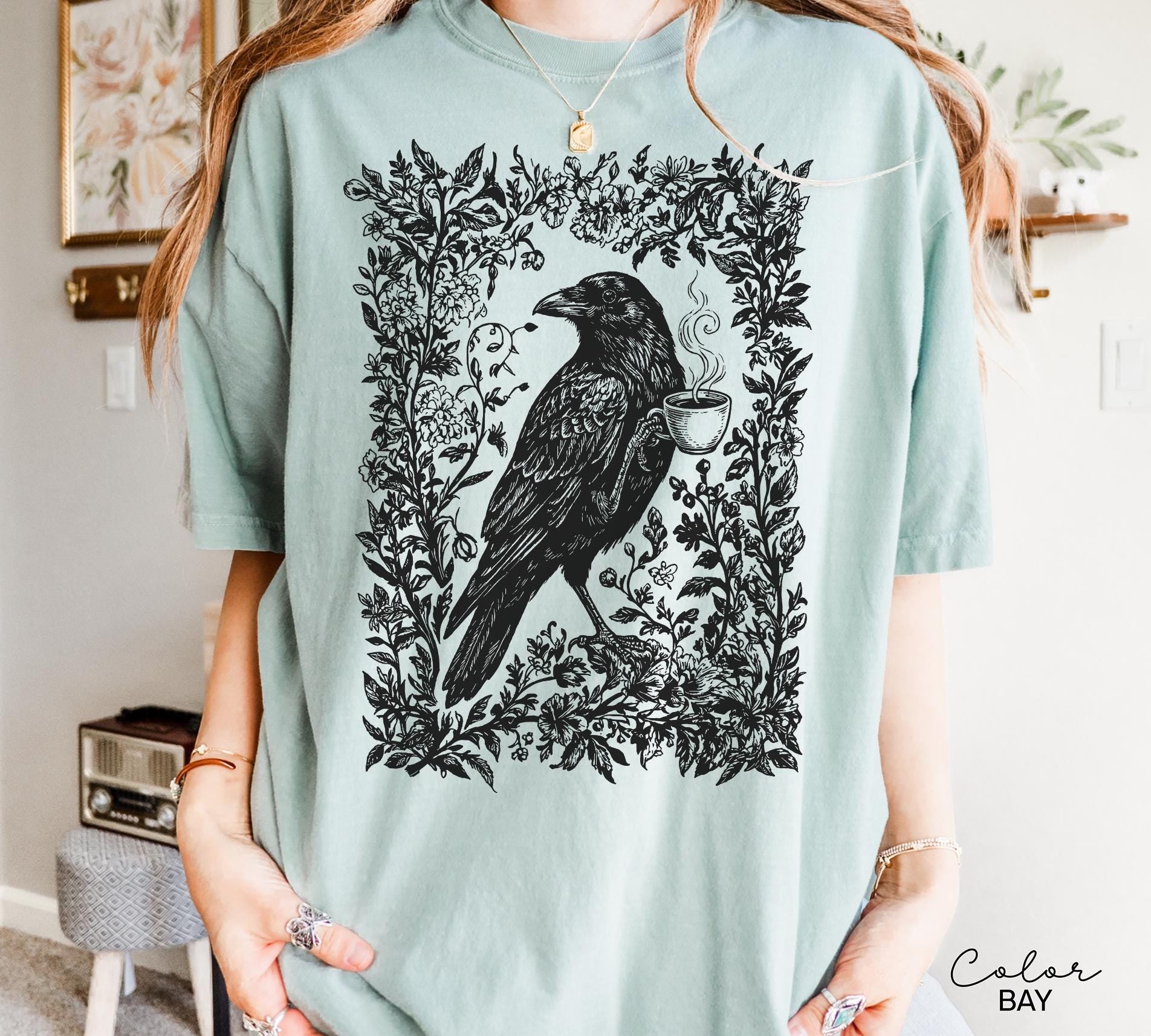 Crow Coffee Shirt, Bird Coffee Lover Floral Crewneck Tee