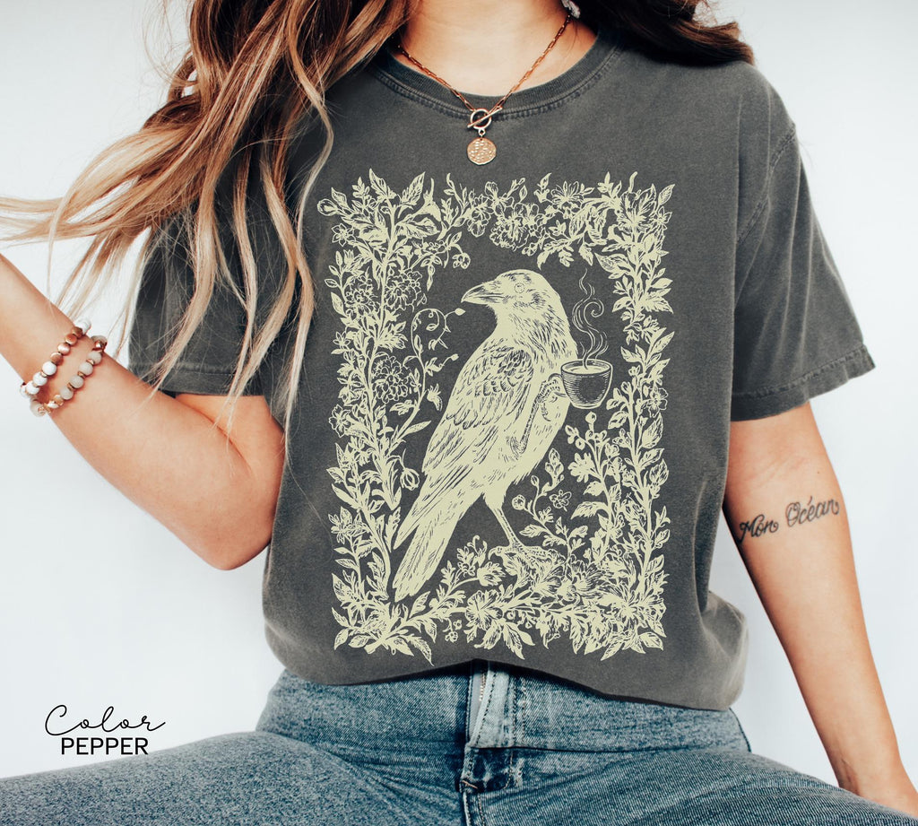 Crow Coffee Shirt, Bird Coffee Lover Floral Crewneck Tee