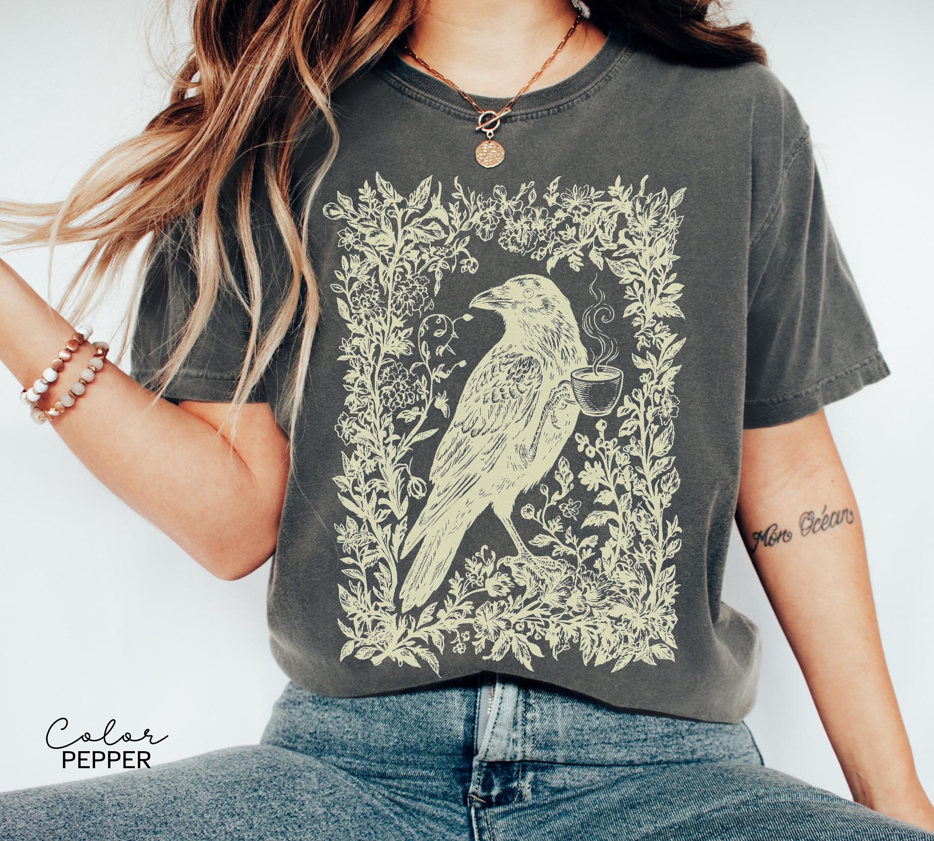 Crow Coffee Shirt, Bird Coffee Lover Floral Crewneck Tee