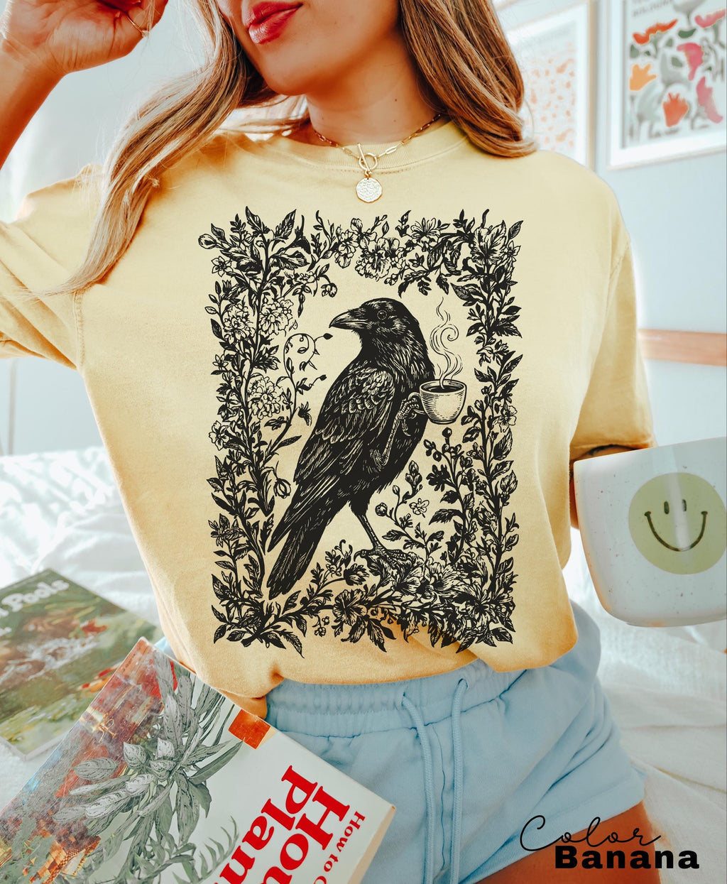 Crow Coffee Shirt, Bird Coffee Lover Floral Crewneck Tee