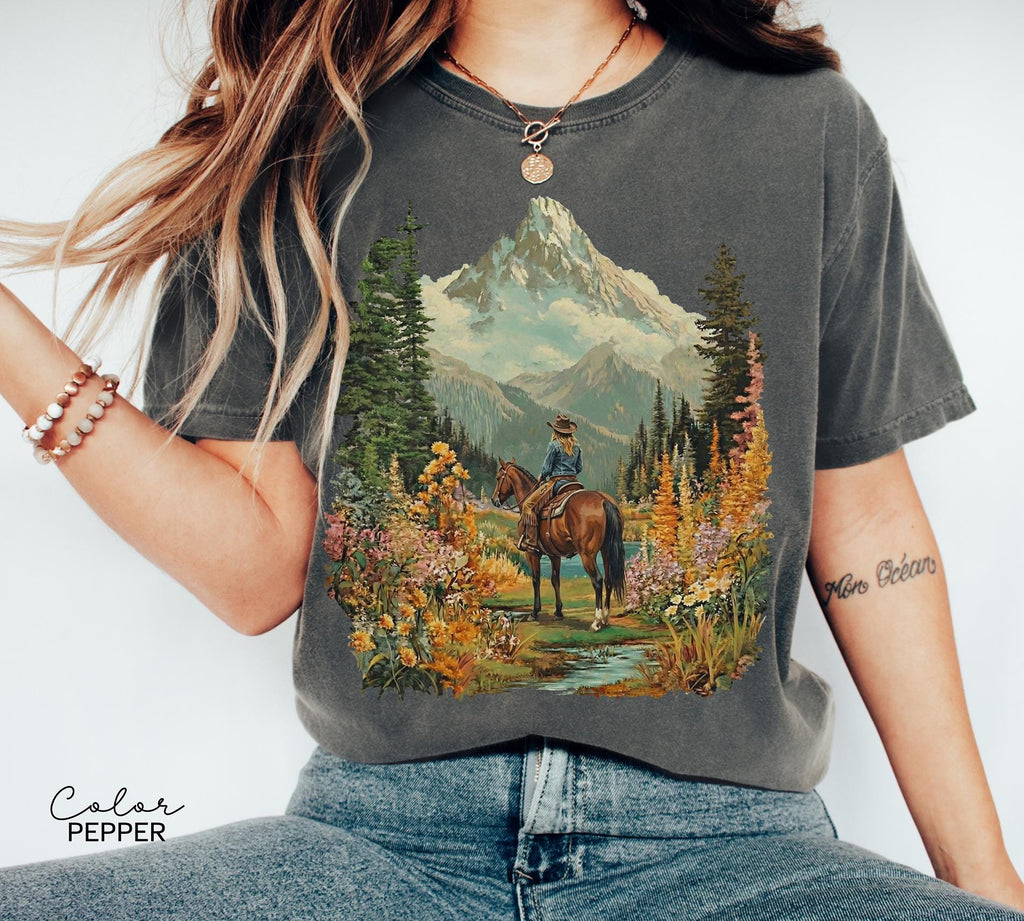 Mountain Nature Cowgirl Shirt, Hiking Sweatshirt Crewneck, Nature Lover T-shirt, Spring Floral Flower Shirt, Horse Tee