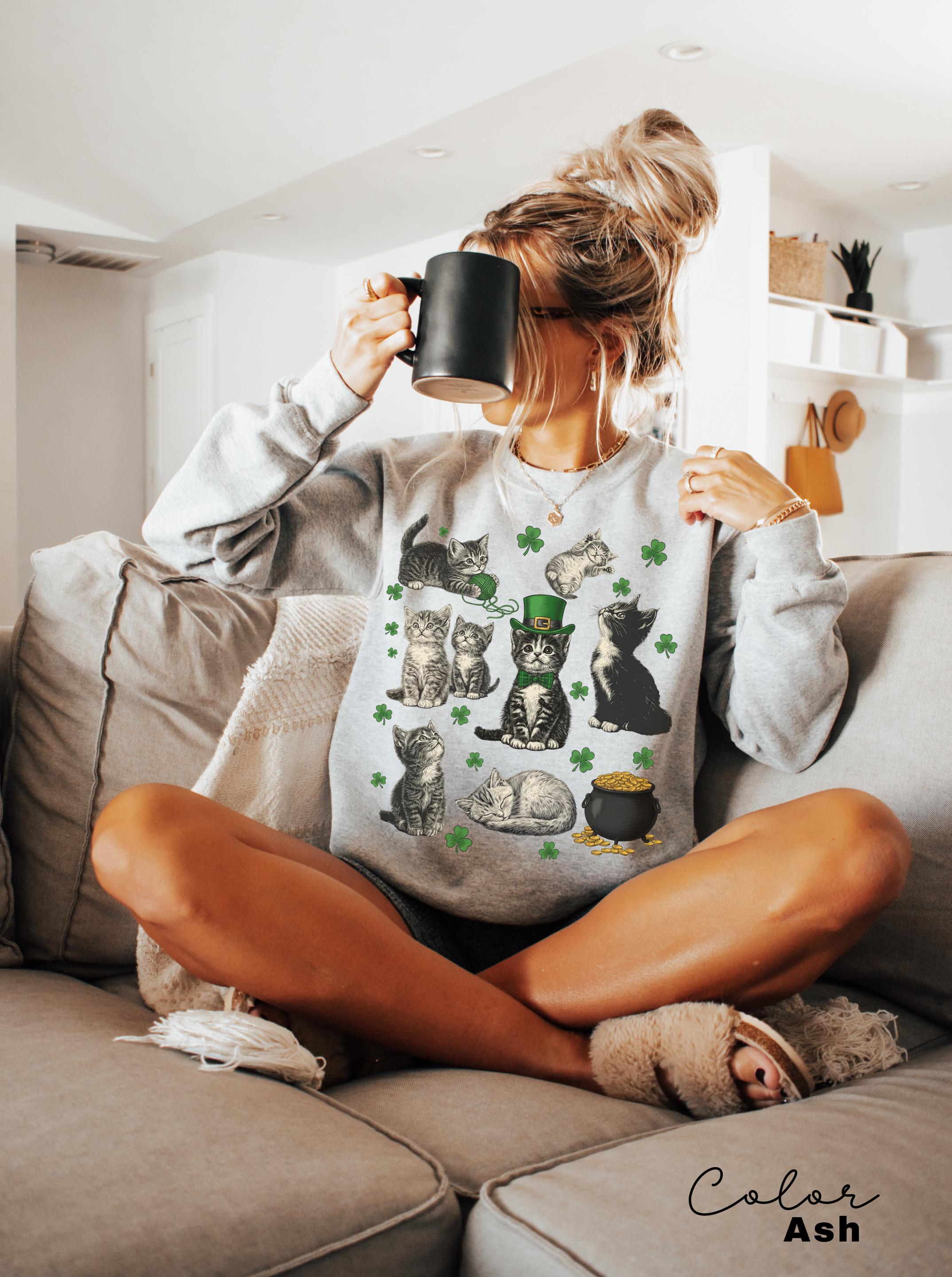 St Patricks Day Comfort Colors Cat Kitten Shirt, Lucky Shamrock, Cute Saint Patrick's Party Tee, Kitten Sweatshirt
