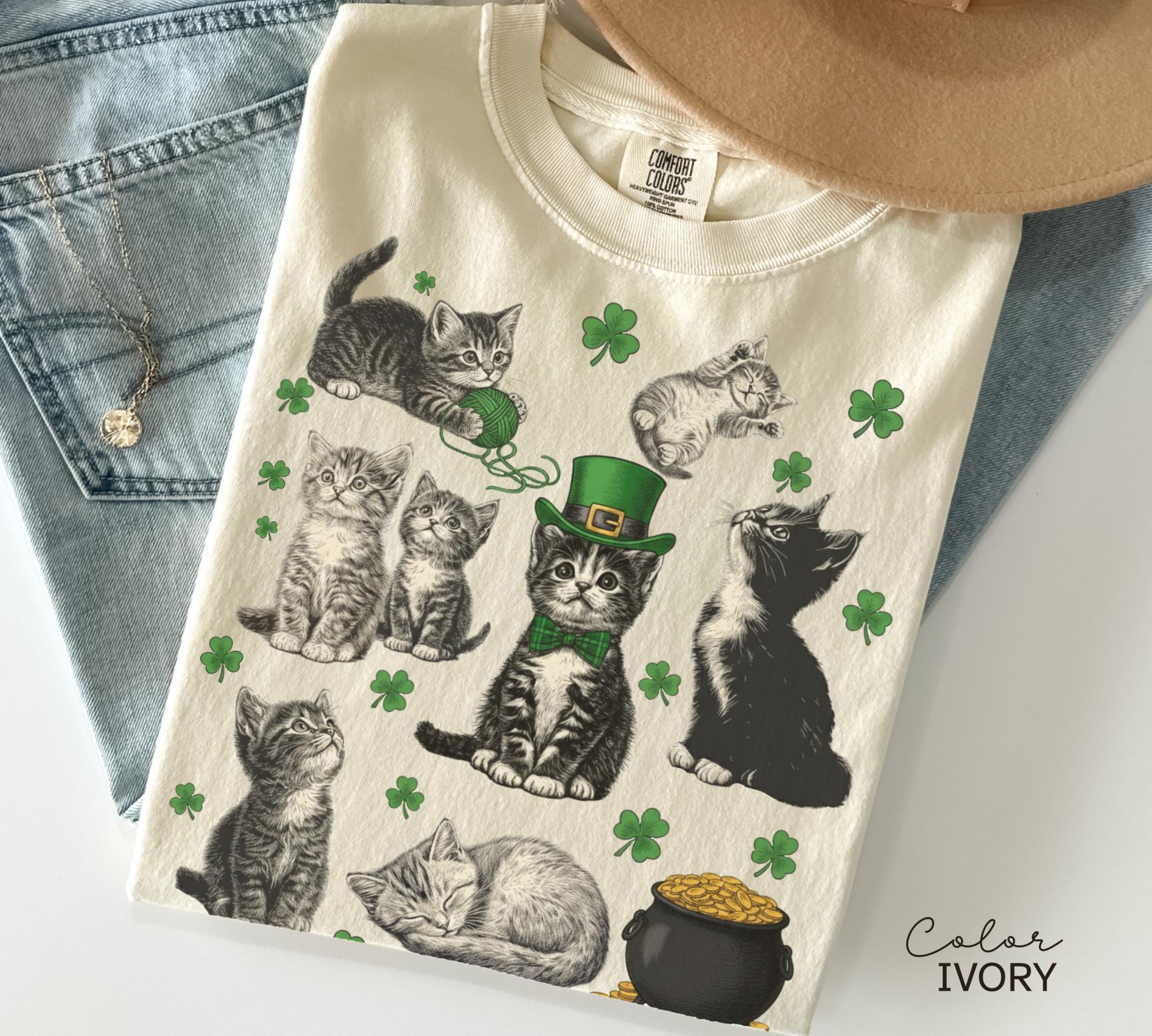 St Patricks Day Comfort Colors Cat Kitten Shirt, Lucky Shamrock, Cute Saint Patrick's Party Tee, Kitten Sweatshirt