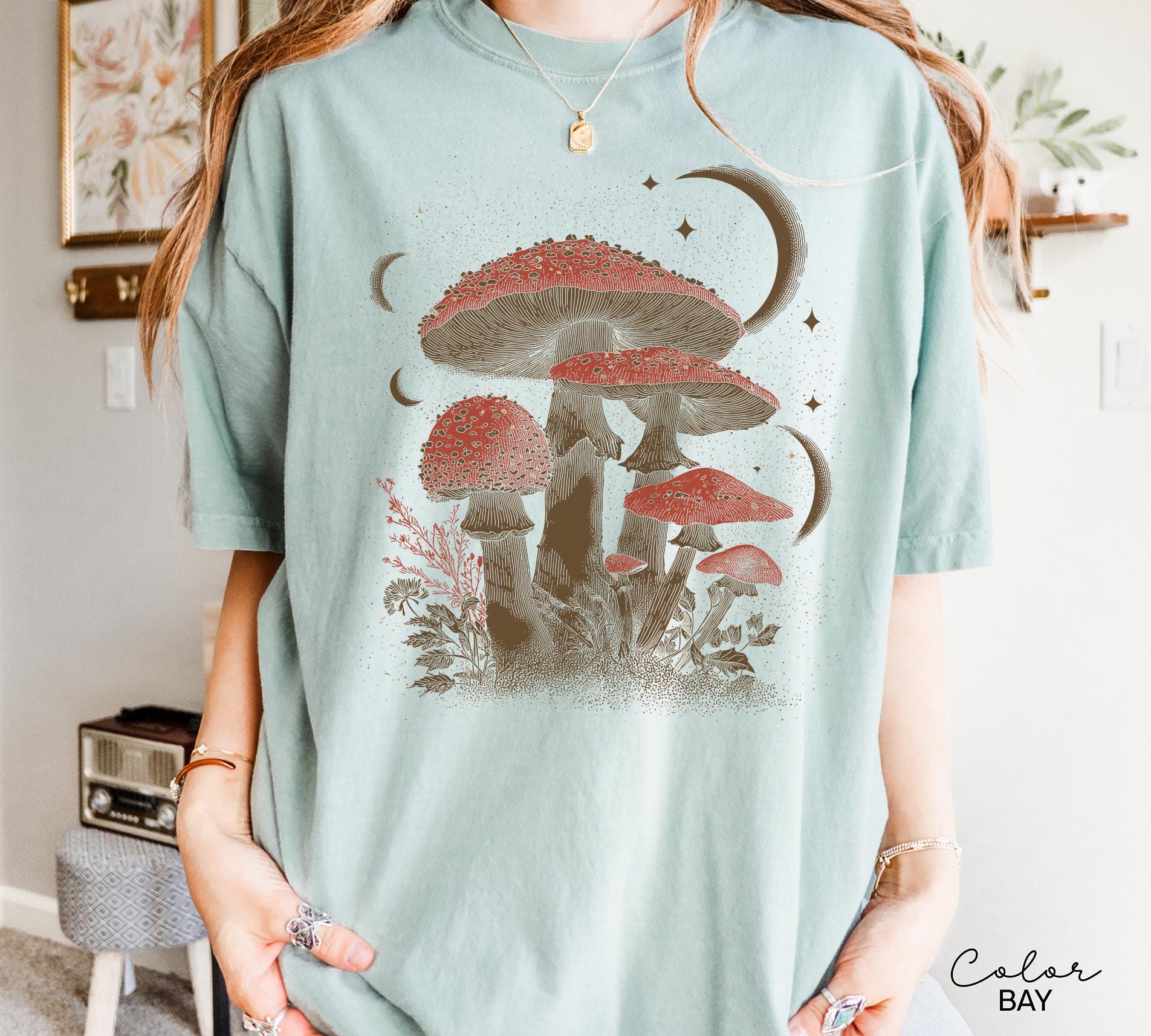 Retro Celestial Mushroom Shirt, Boho Trendy Sweatshirt, Astrology Shirt, Mushroom Lover Gift Tee, Botanic Sweatshirt