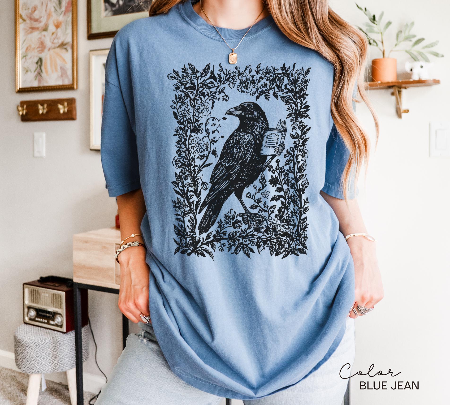 Crow Reading Shirt Sweatshirt, Book Lover, Bookish Gift, Floral Dark Academia, Fantasy Reader Gift, Folk Art Bird Shirt