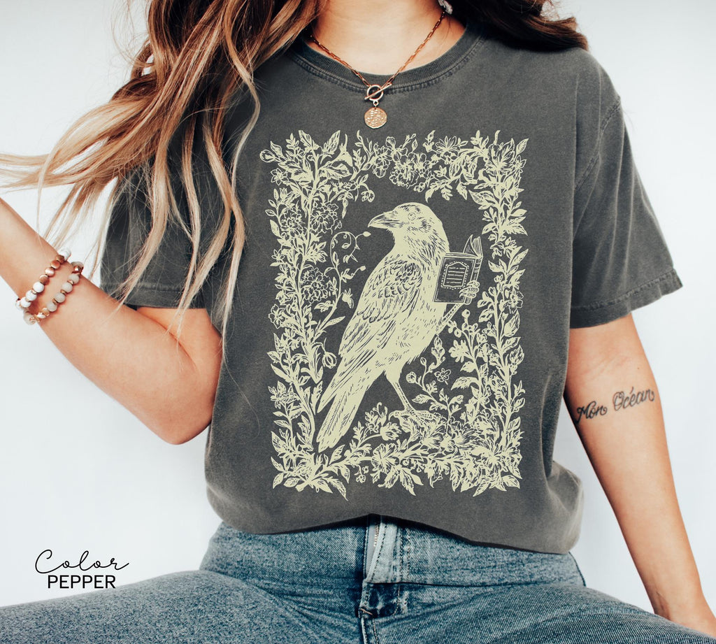 Crow Reading Shirt Sweatshirt, Book Lover, Bookish Gift, Floral Dark Academia, Fantasy Reader Gift, Folk Art Bird Shirt