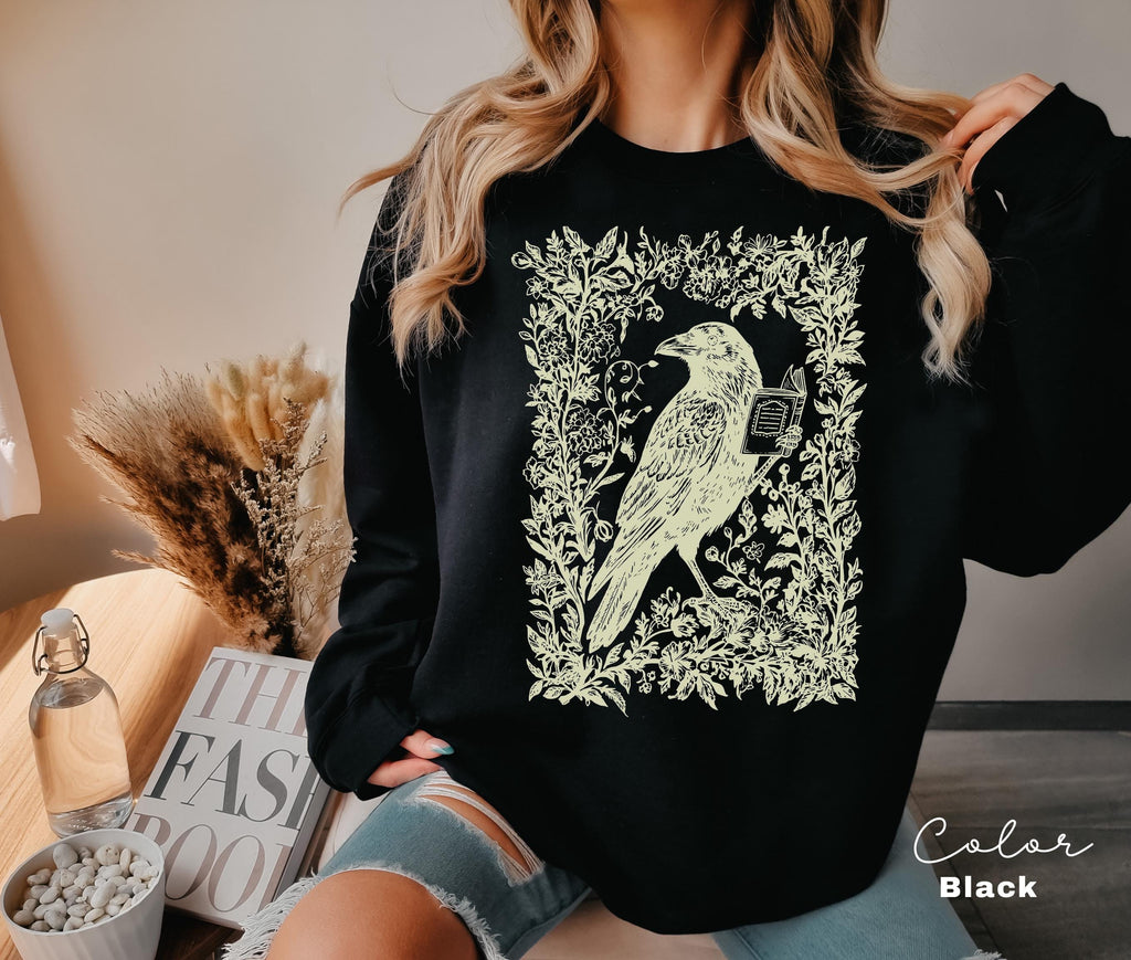 Crow Reading Sweatshirt, Book Lover Dark Academia Shirt