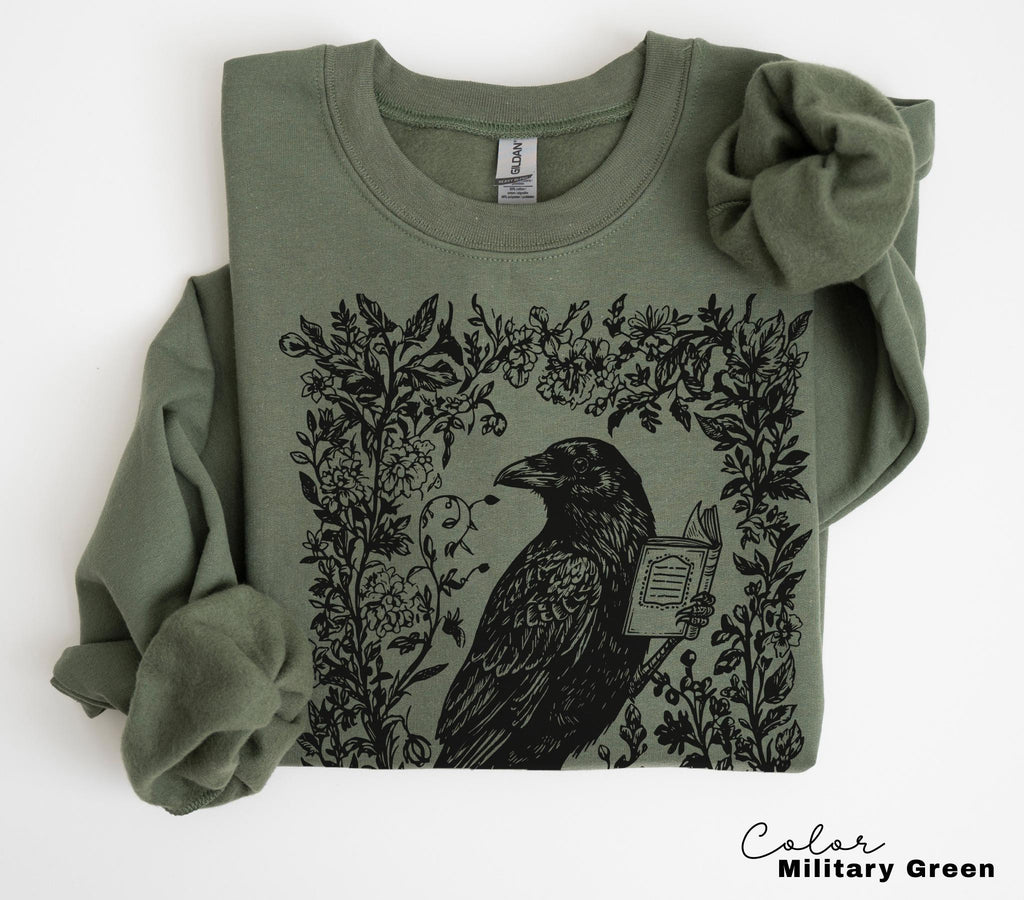 Crow Reading Shirt Sweatshirt, Book Lover, Bookish Gift, Floral Dark Academia, Fantasy Reader Gift, Folk Art Bird Shirt