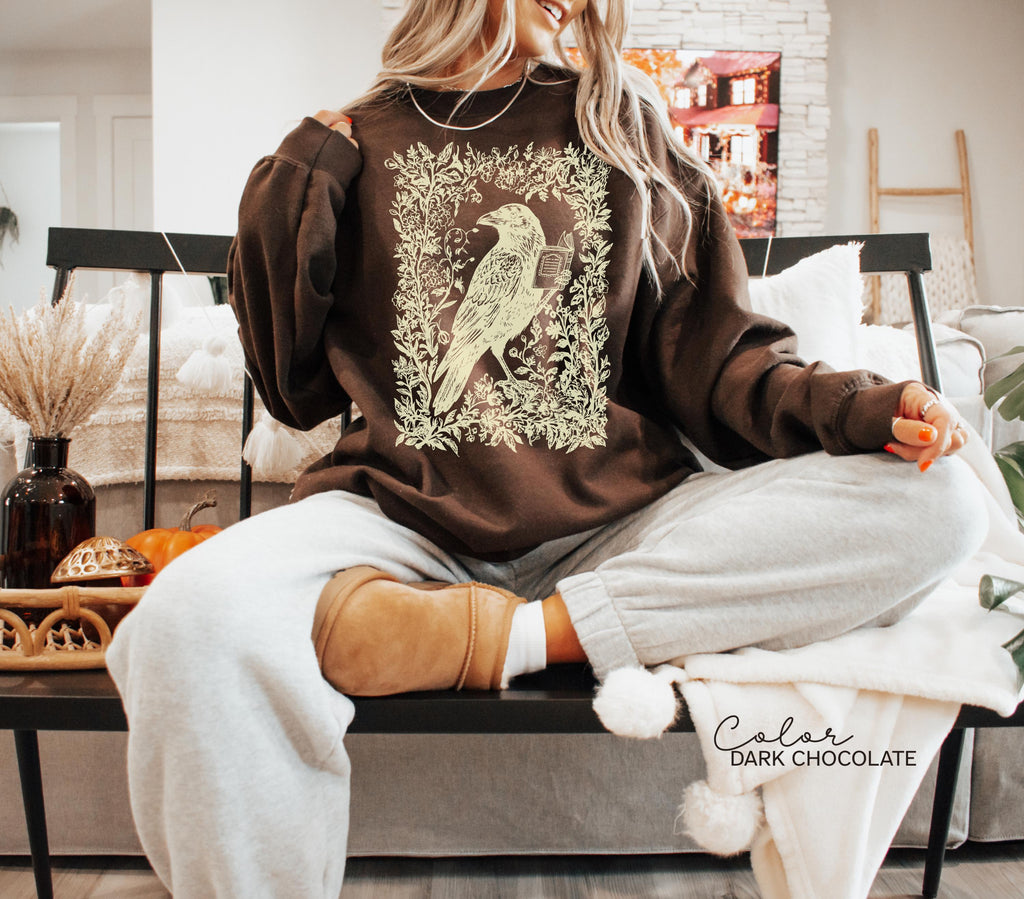 Crow Reading Sweatshirt, Book Lover Dark Academia Shirt