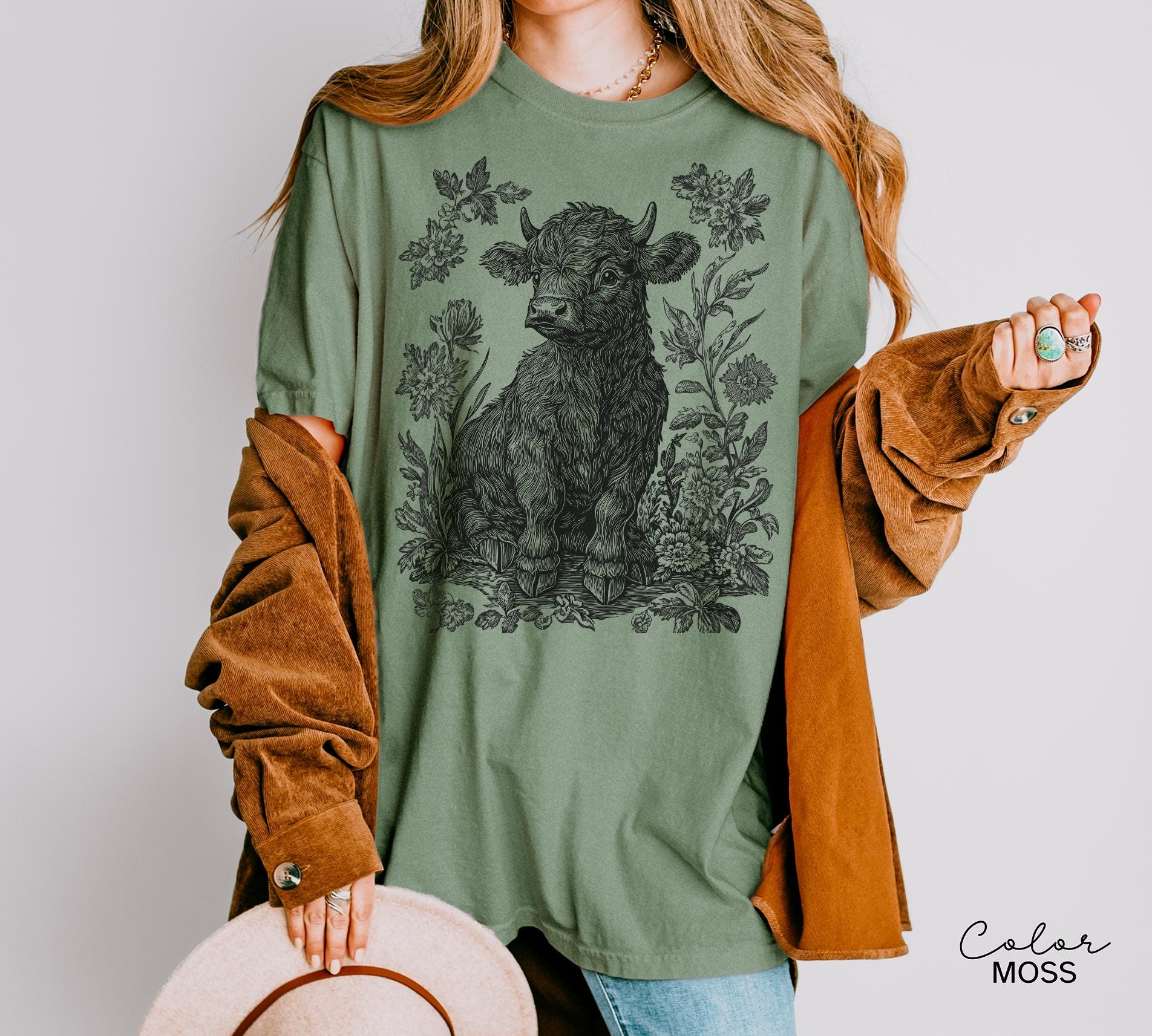 Highland Cow Flower T-Shirt, Cows Lover Tee, Retro Cowboy and Girl, Bohemian Western, Cottagecore, Western Farm Life